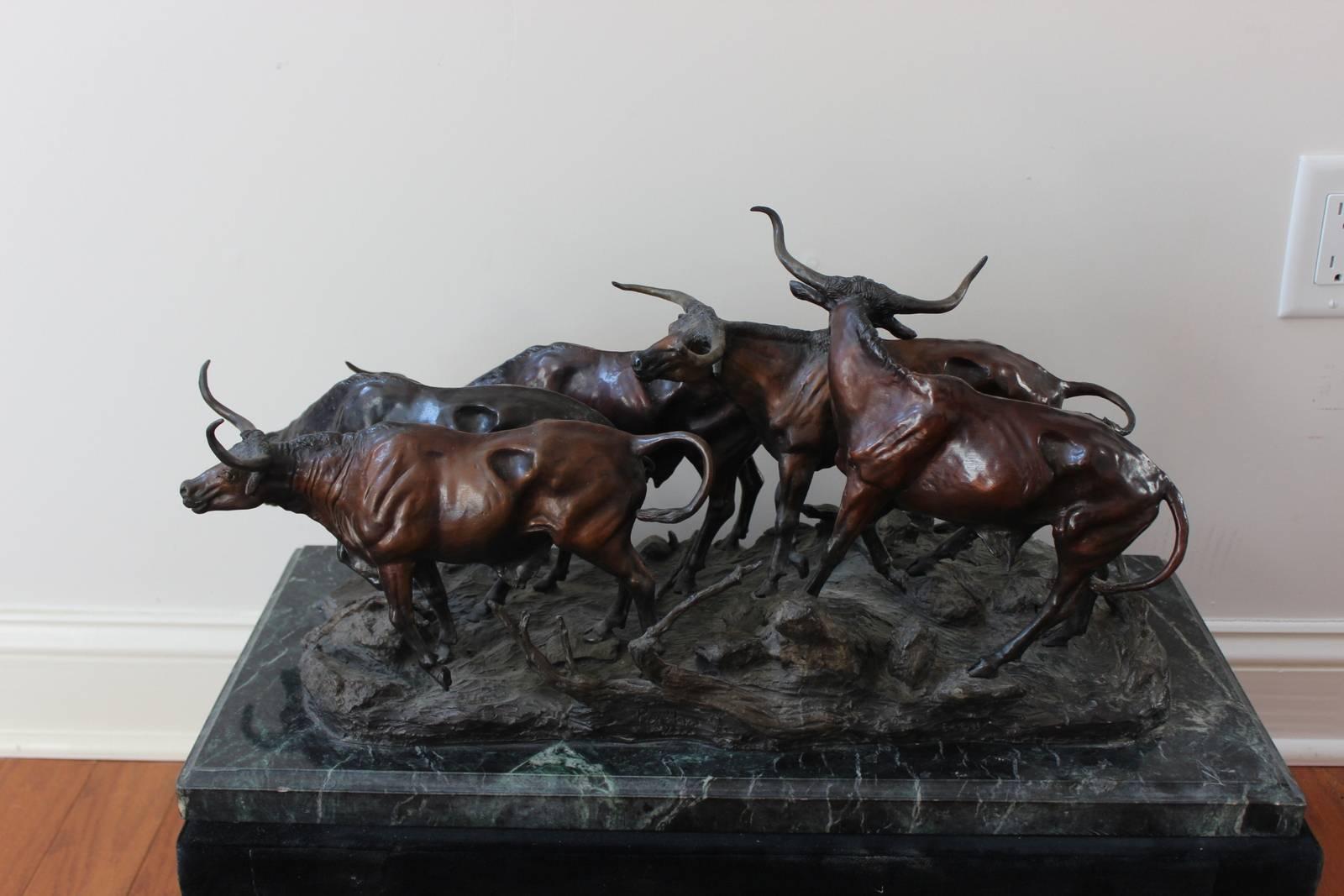 This older cast and beautiful patina is just amazing. Called Cattle Drifting Before the Storm. Inspired by Remington. This is not part of the series of 500 which are new and lesser quality.

Roy Harris' bronze sculptures seem ready to leap from
