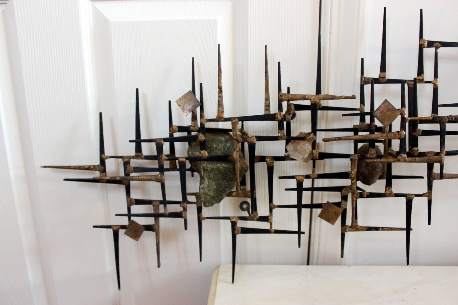 American Brutalist Abstract Wall Mount Sculpture with Quartz Pieces by Jim Gary