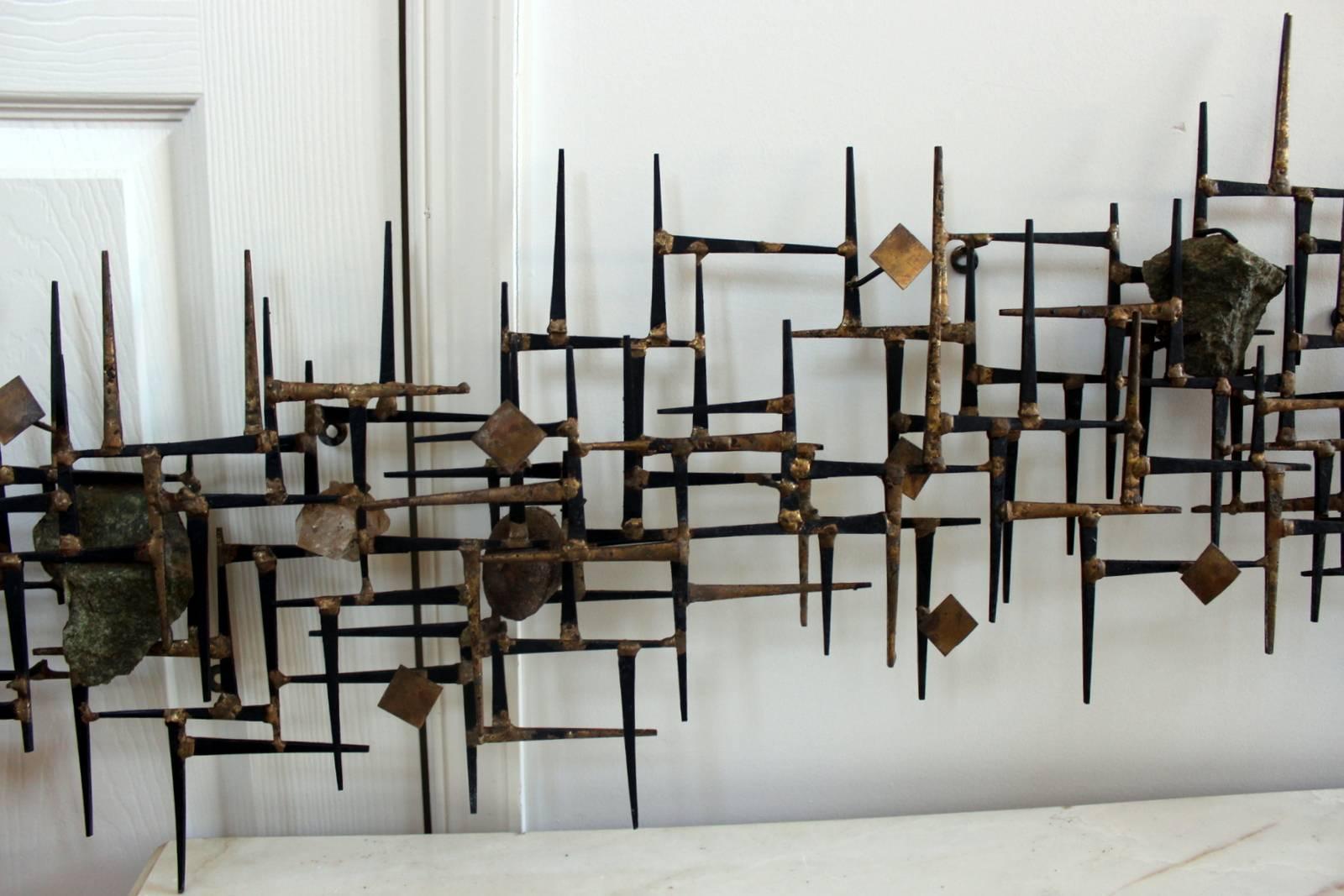 Welded Brutalist Abstract Wall Mount Sculpture with Quartz Pieces by Jim Gary