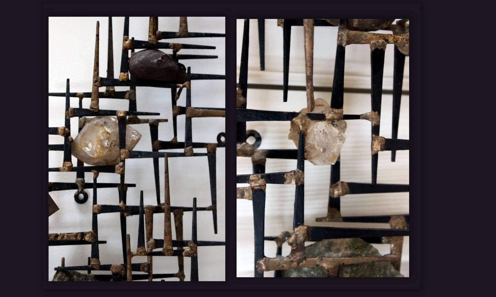 Wrought Iron Brutalist Abstract Wall Mount Sculpture with Quartz Pieces by Jim Gary