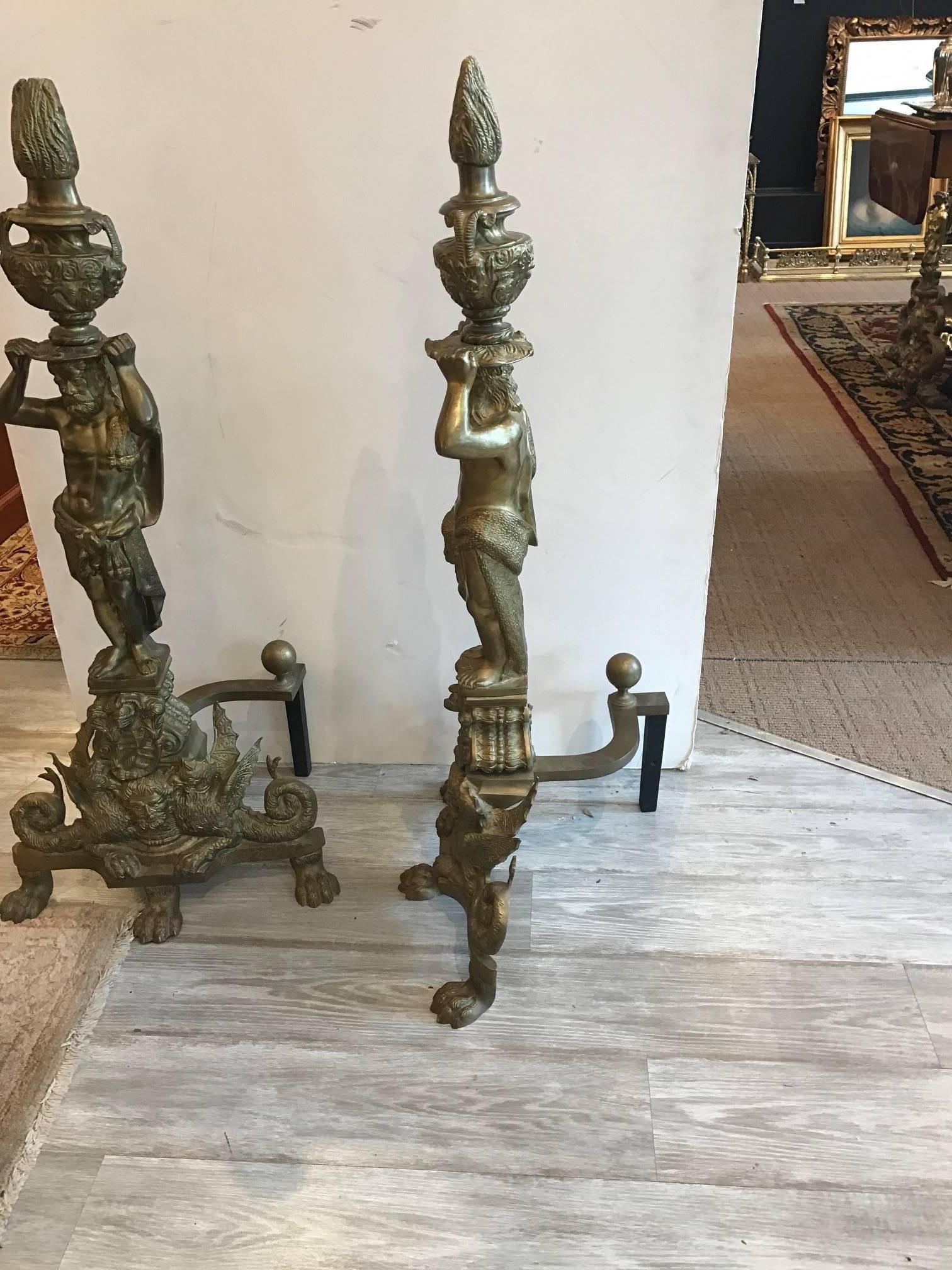 Massive Pair of Cast Brass Chenet Andirons Mythological In Excellent Condition In Lambertville, NJ