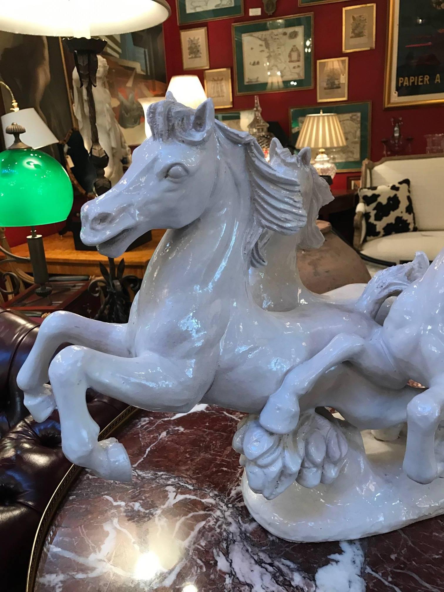 20th Century Large Italian Blanc de Chine Sculpture of Running Stallions
