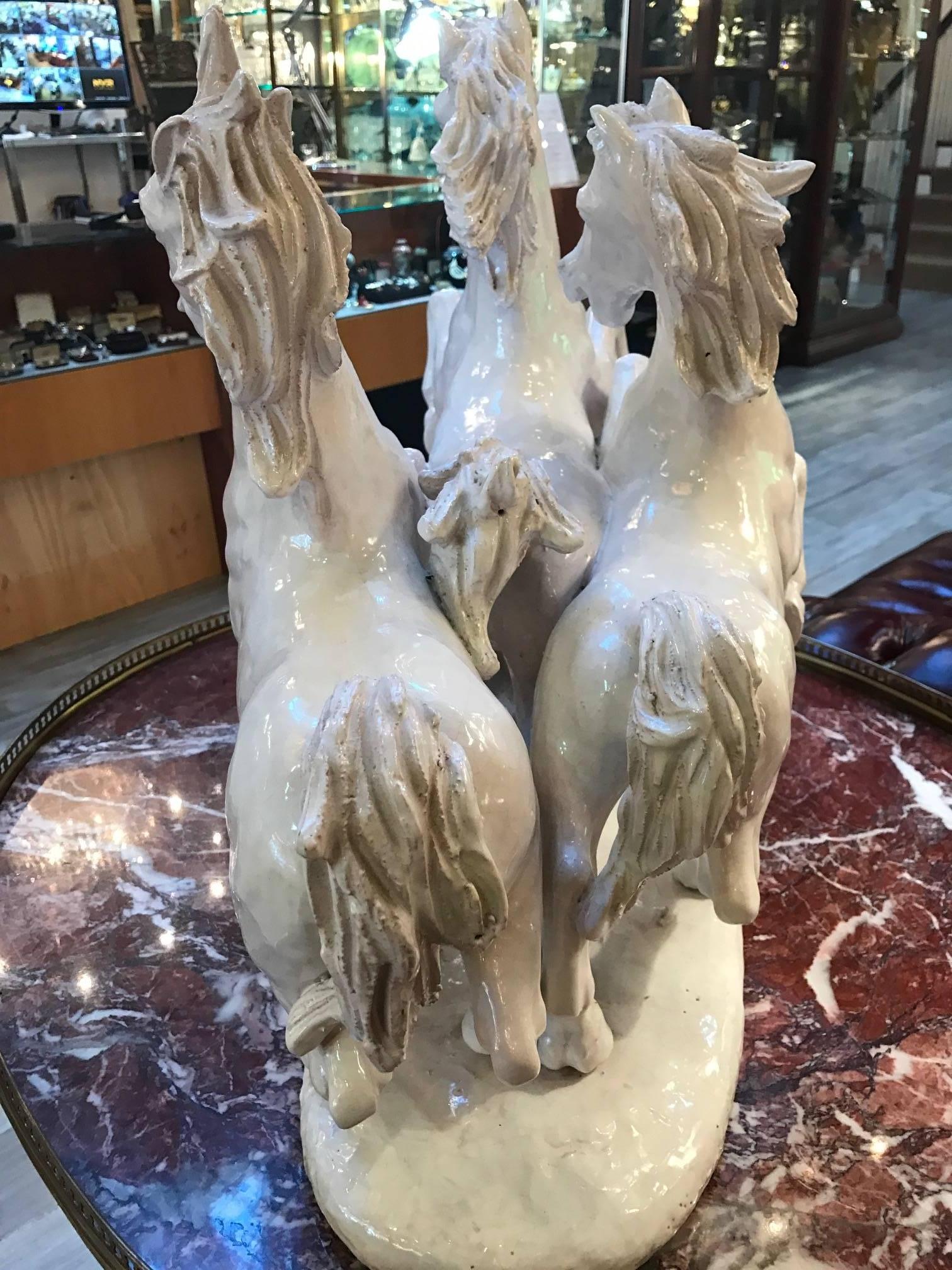 Faience Large Italian Blanc de Chine Sculpture of Running Stallions