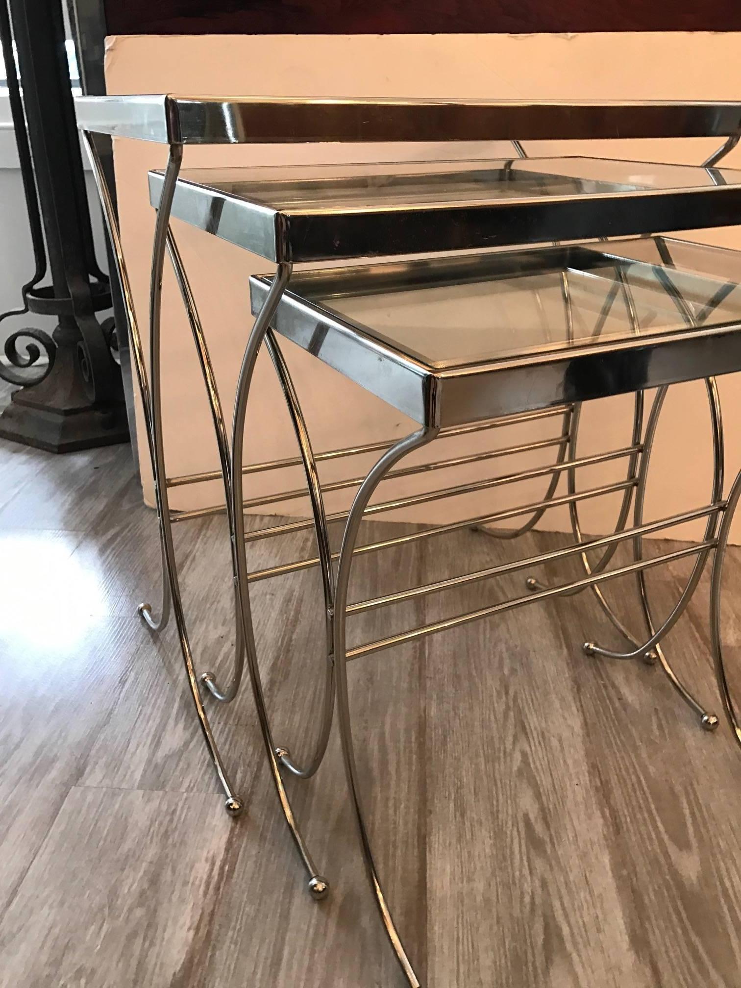 Mid-Century Modern Set of Three Chrome and Glass Nesting Tables