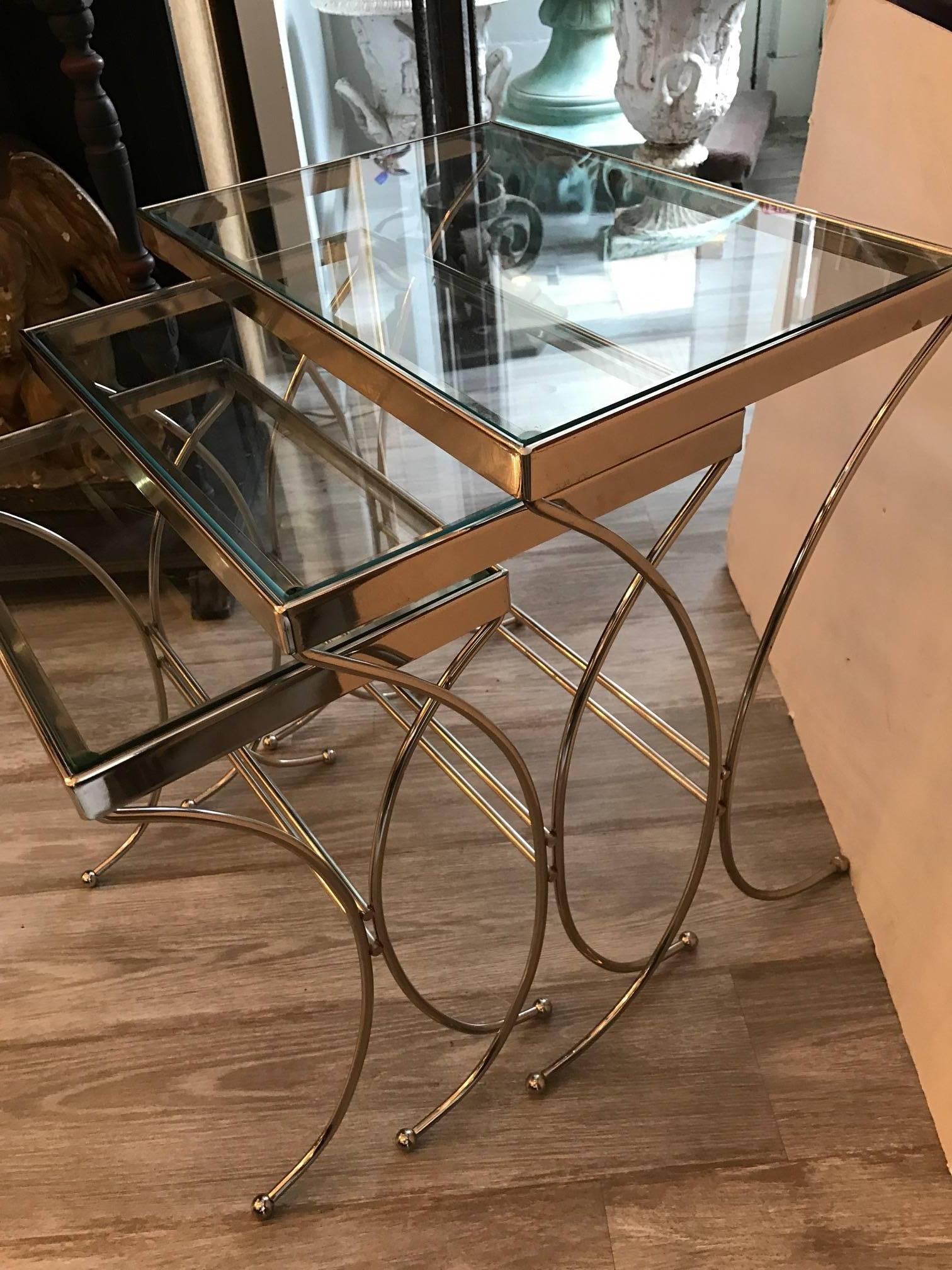 Steel Set of Three Chrome and Glass Nesting Tables