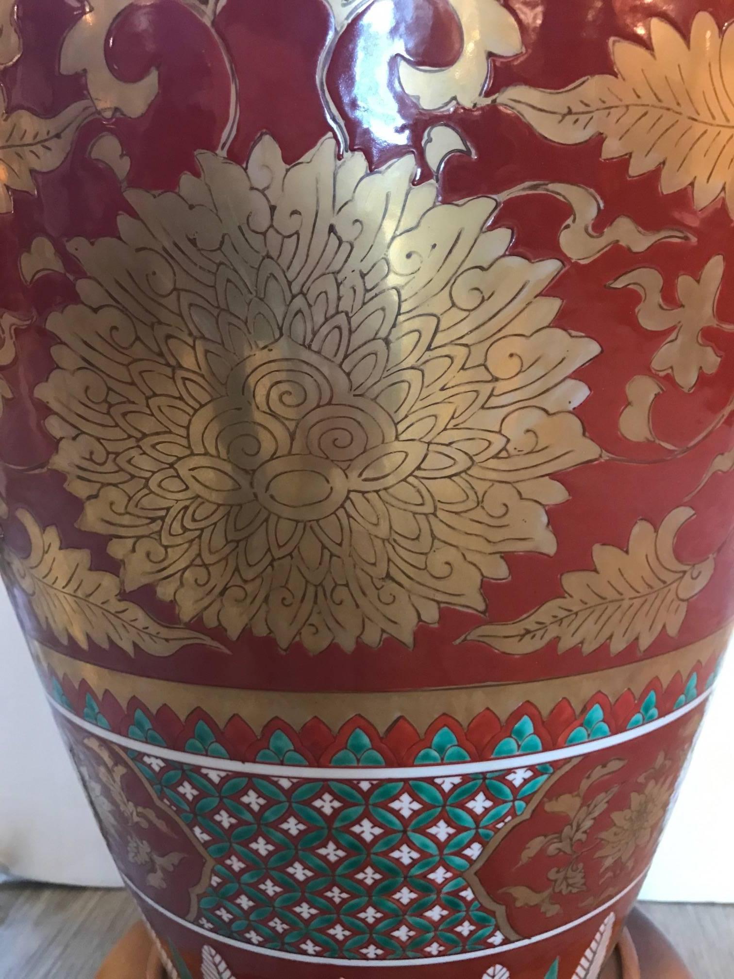 Meiji Large Kutani Porcelain Vase Lamp