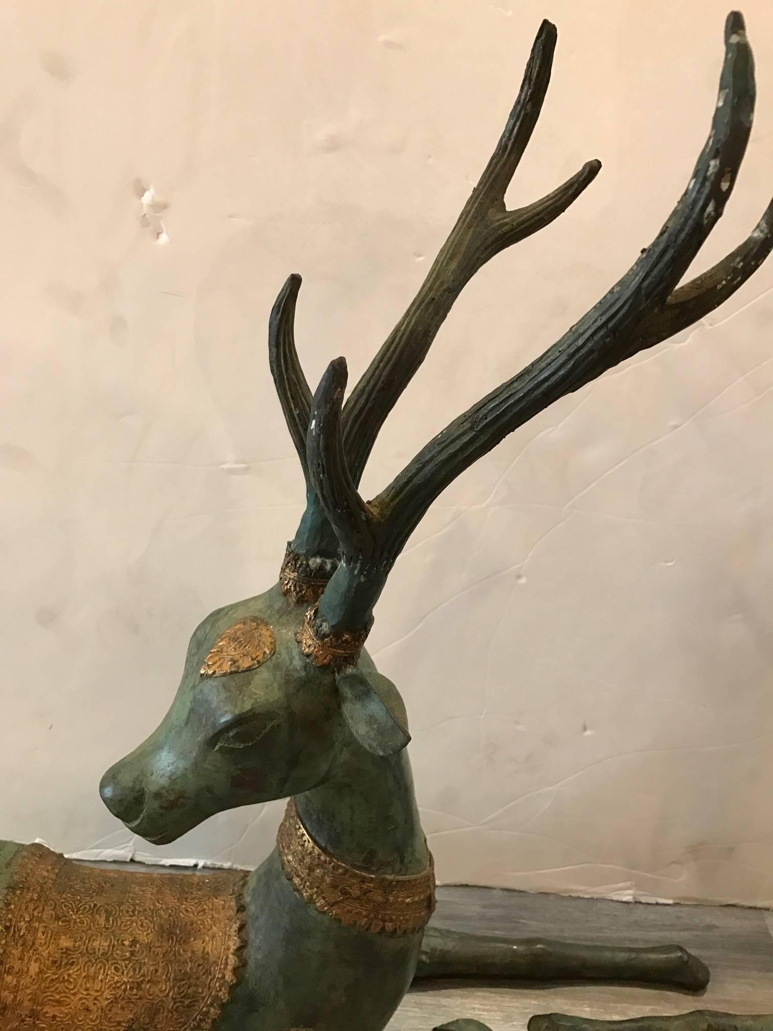 Asian Pair of Patinated and Parcel Gilt Bronze Deer Stags