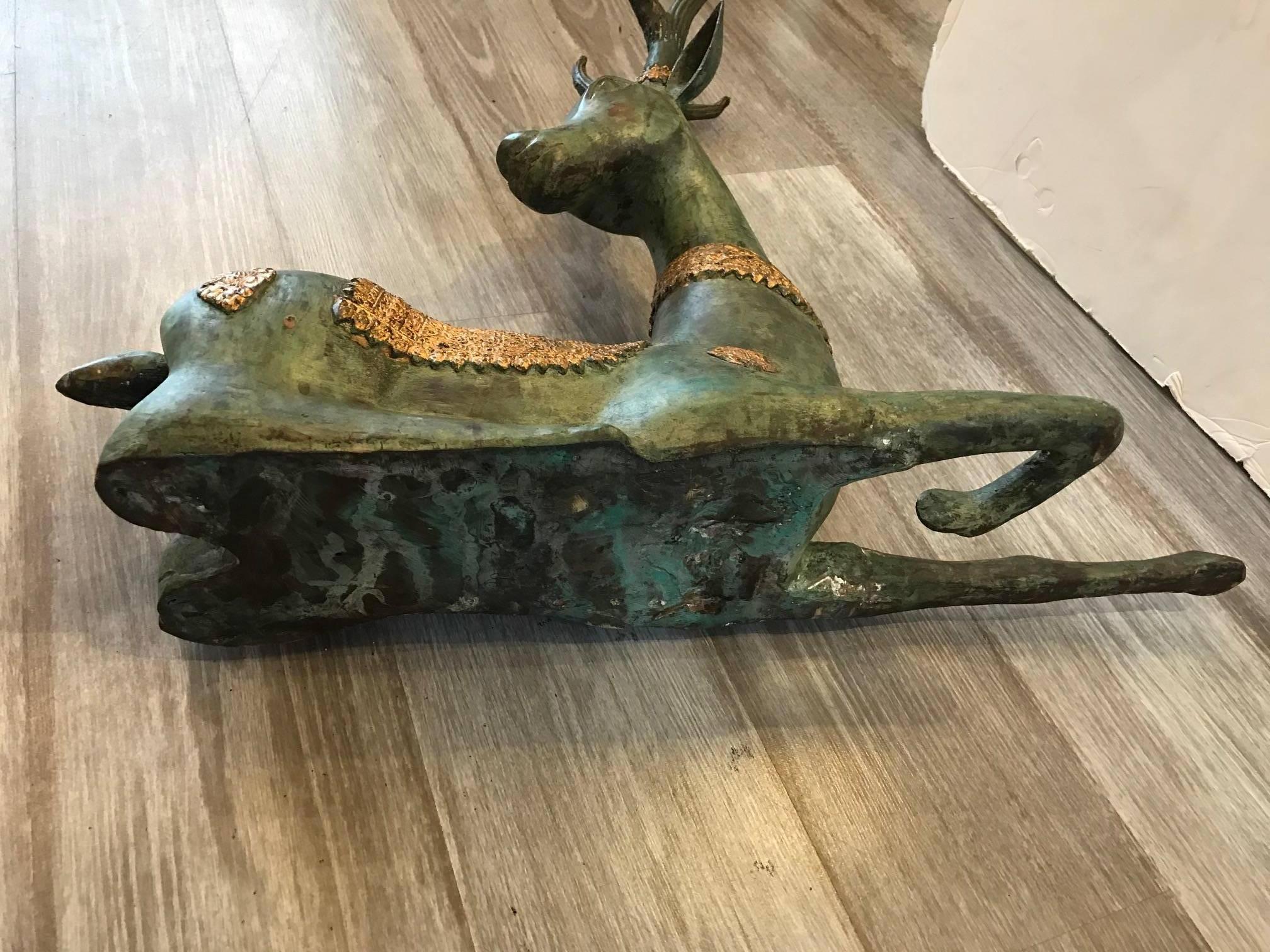 20th Century Pair of Patinated and Parcel Gilt Bronze Deer Stags
