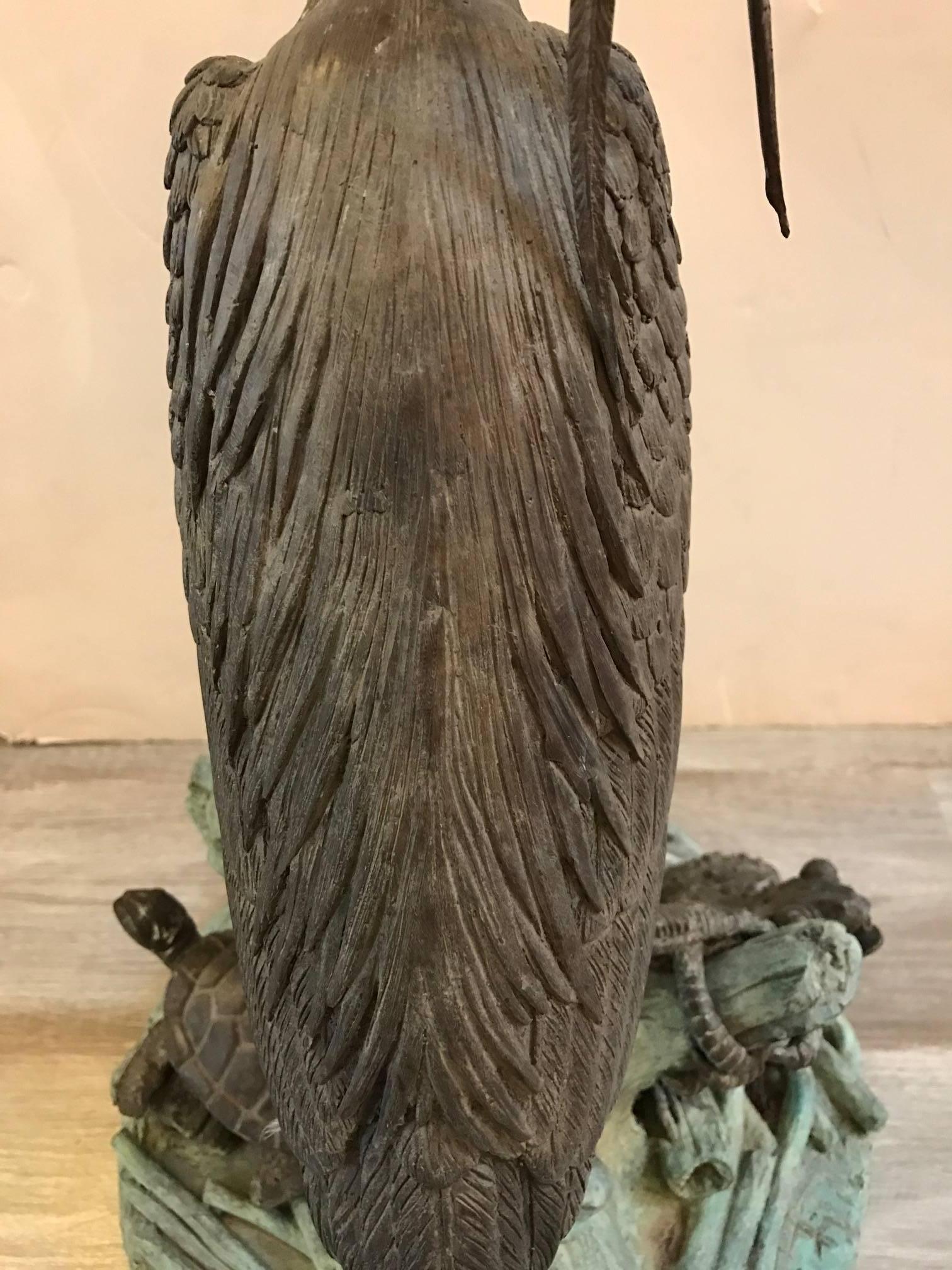 Patinated Bronze Sculpture and Fountain of a Heron, Artist Signed In Excellent Condition In Lambertville, NJ