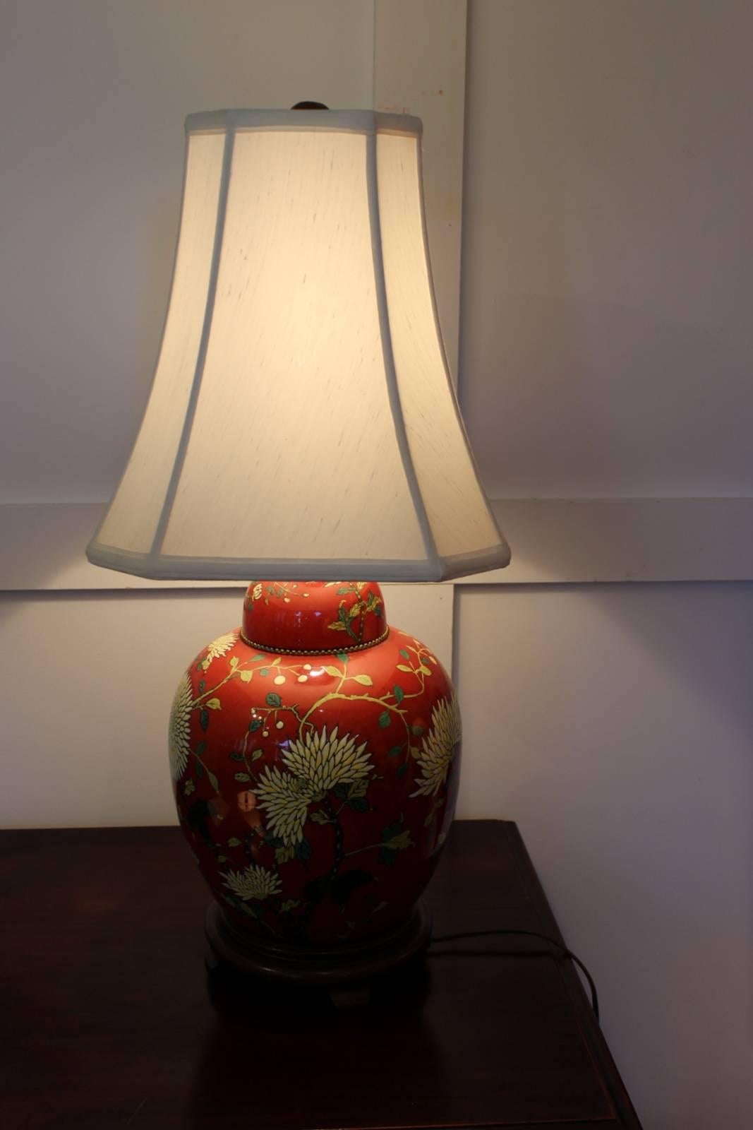 American Pair of Iron Red and Enameled Porcelain Ginger Jar Lamps