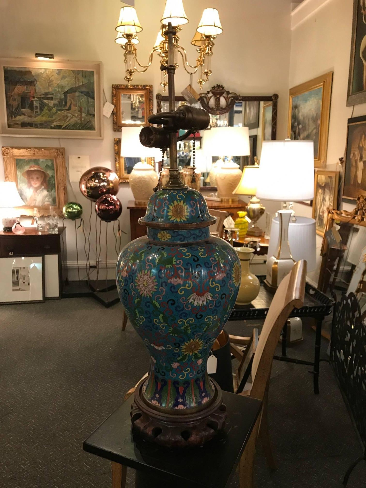 Enameled Chinese Cloisonne Urn Lamp