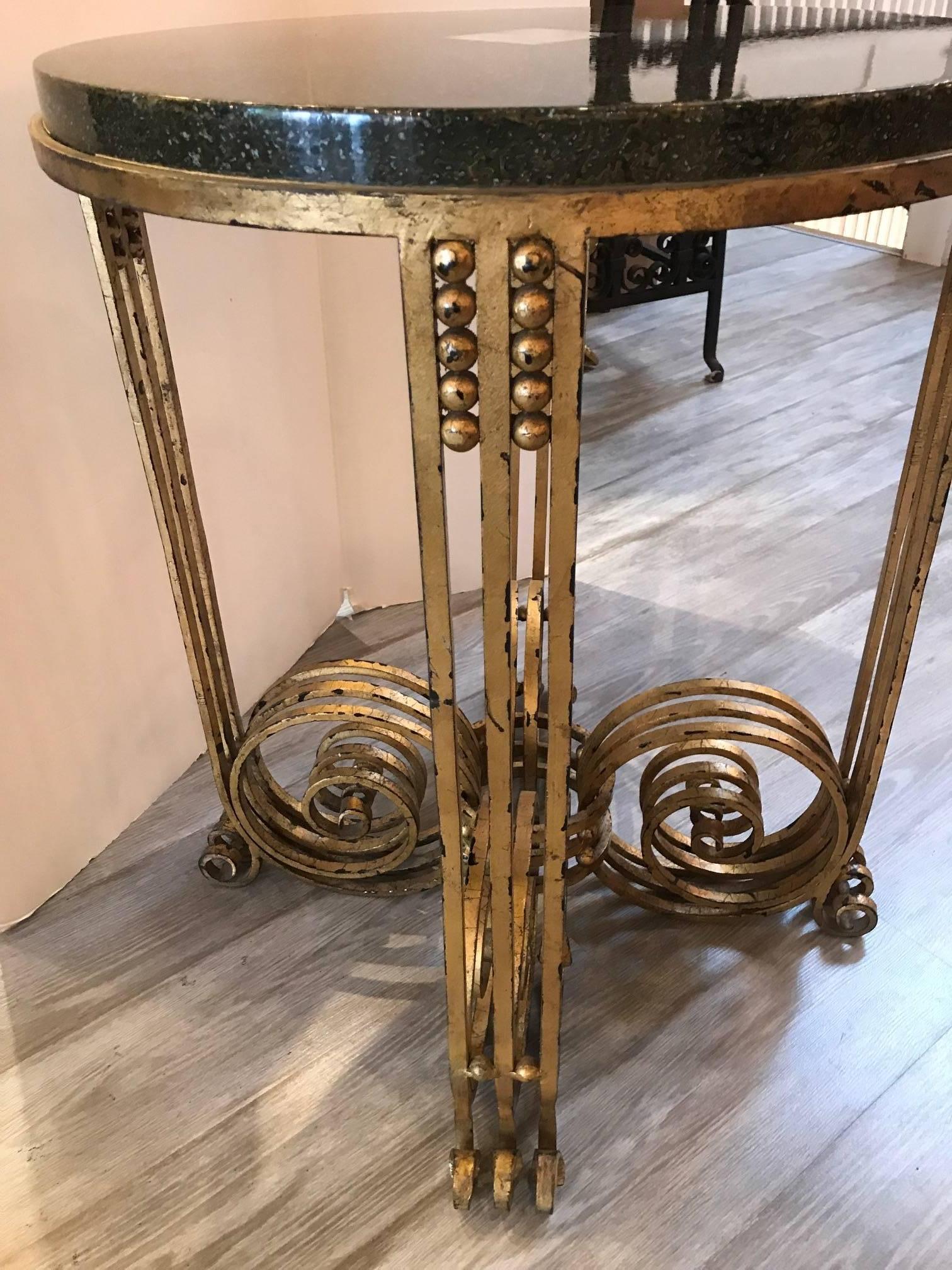 Gilt French Art Deco Wrought Iron Gueridon Table with Lacquer and Jade Top