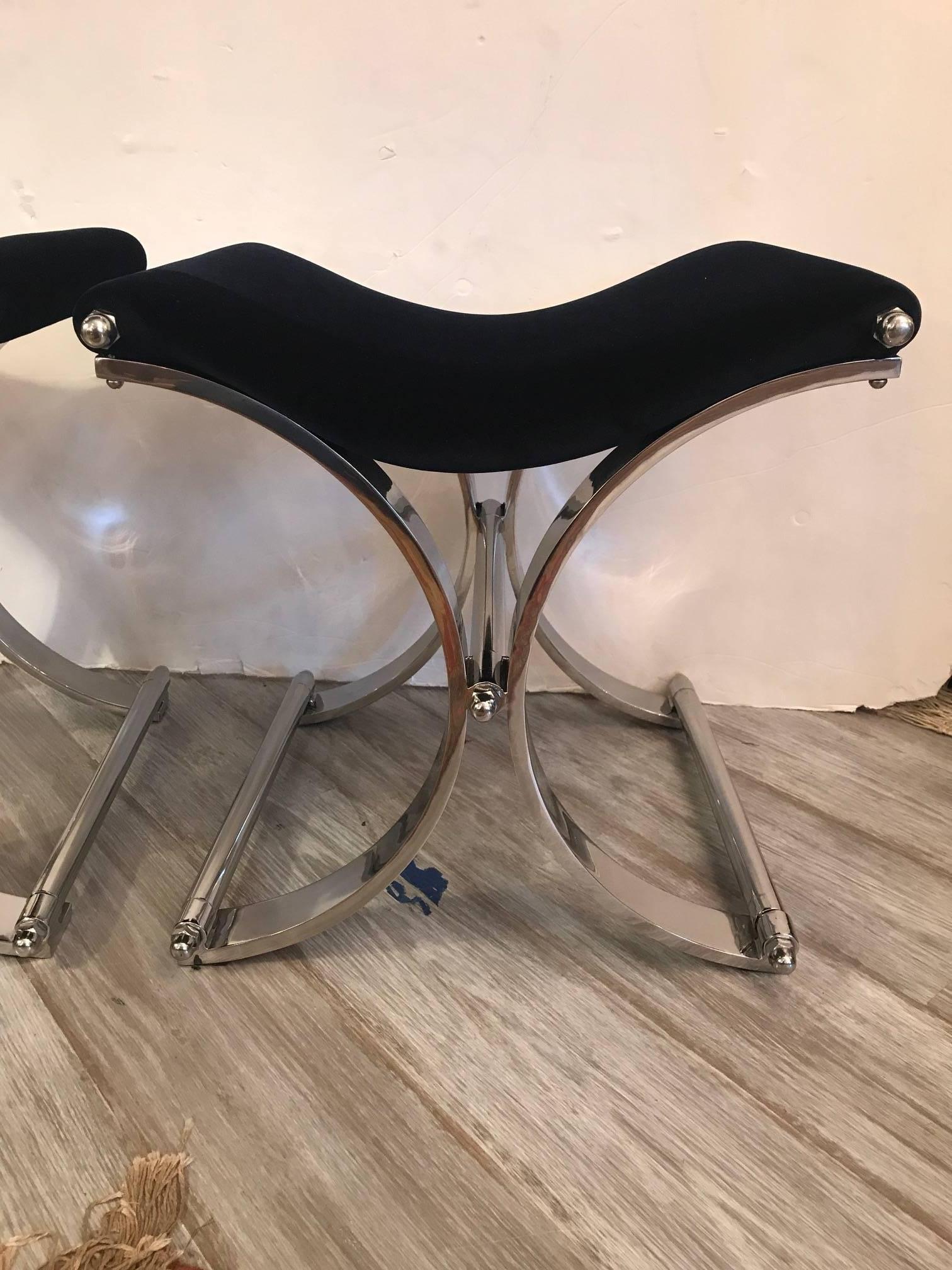 Contemporary Pair of Modern Chrome Saddle Seat Benches