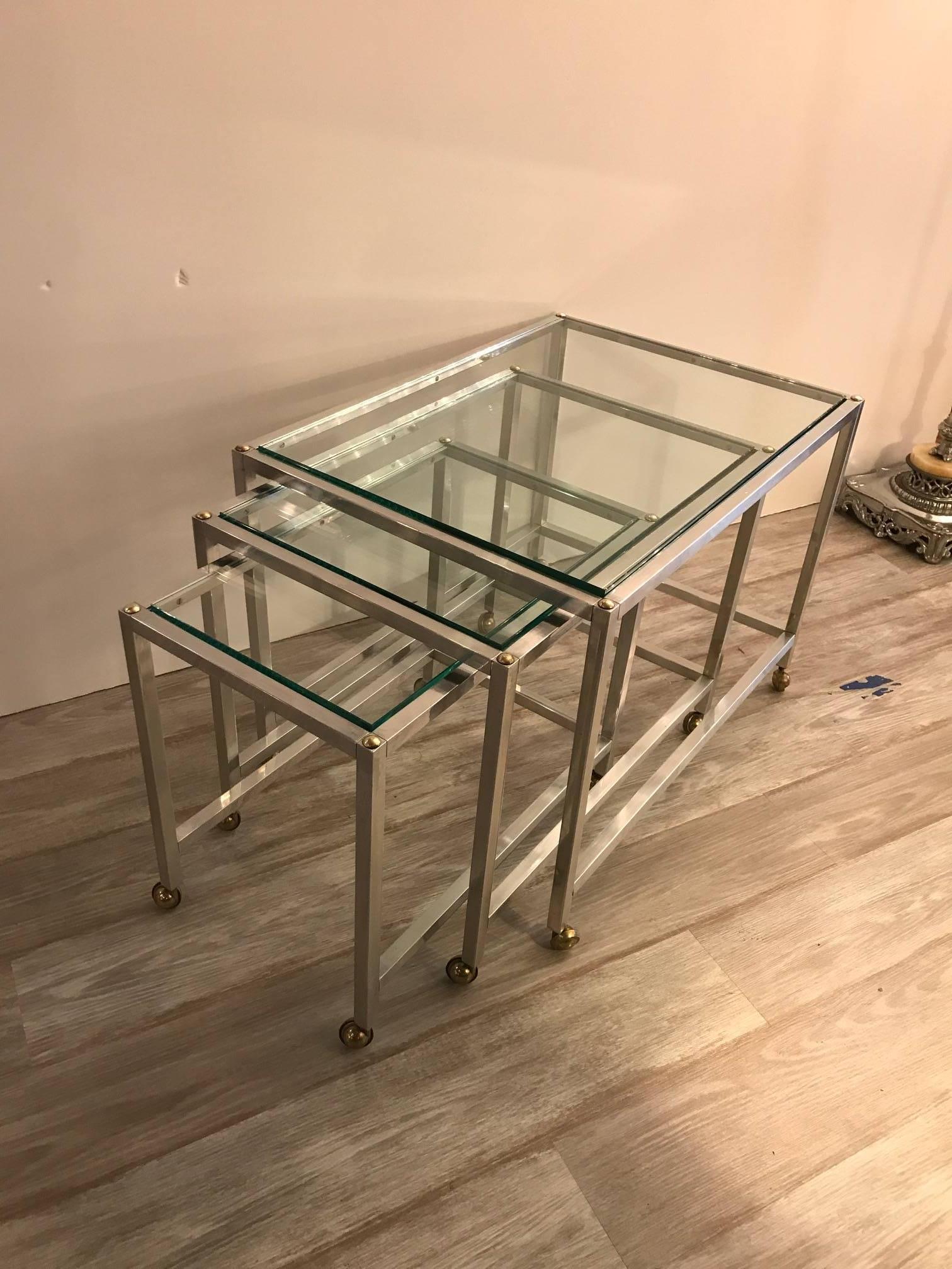 Set of Three Polished Aluminium and Glass Nesting Tables 1