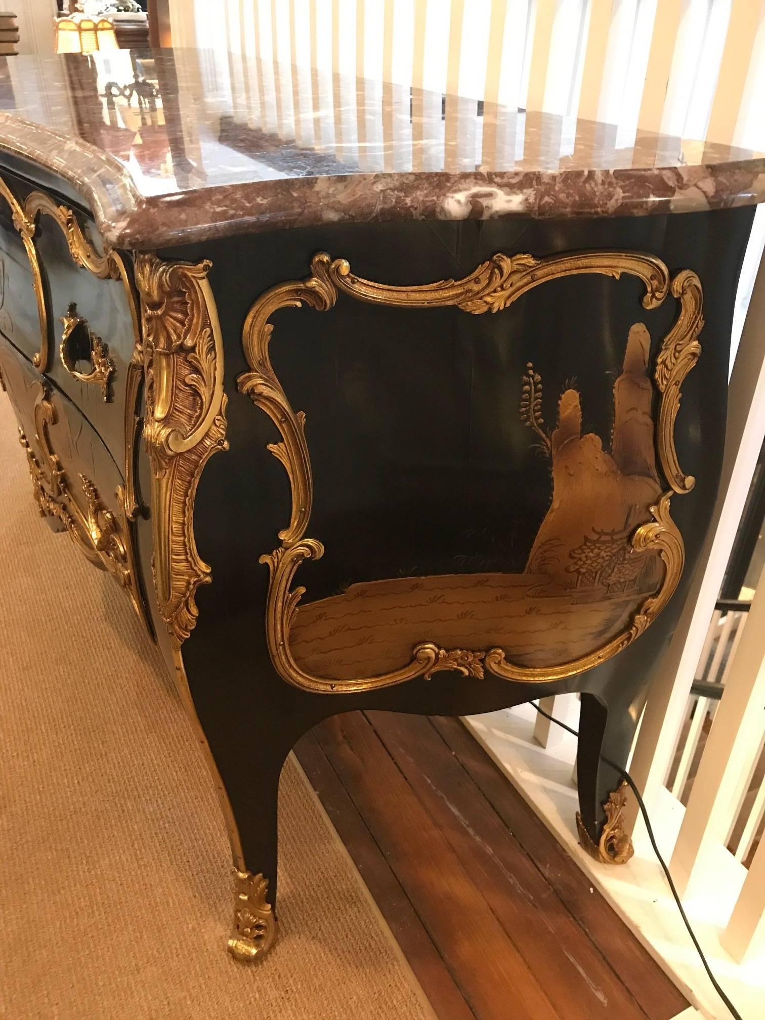 Glamorous Chinoiserie French Chest Commode with Marble and Ormolu In Excellent Condition In Lambertville, NJ