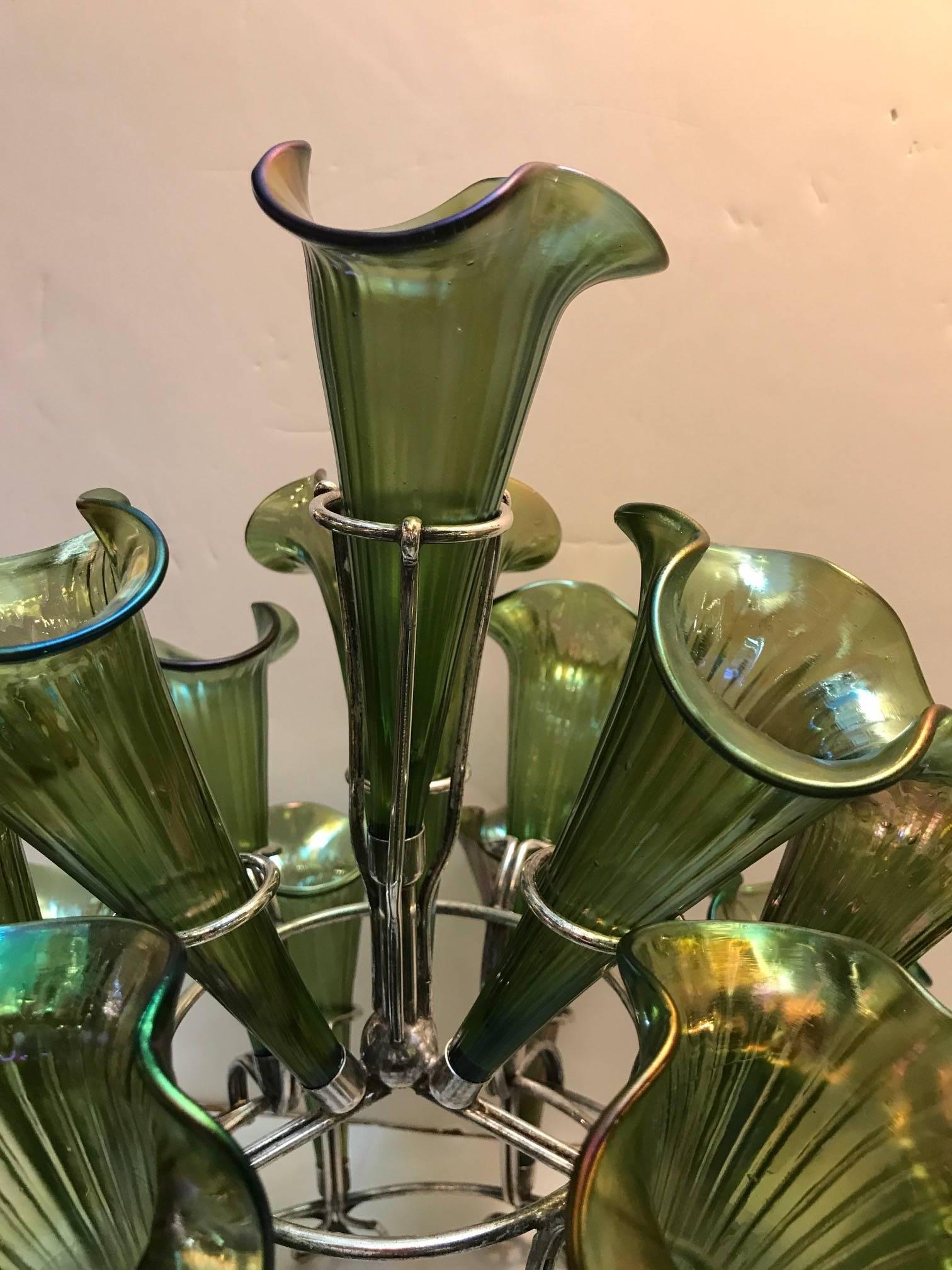 Silver Plate Epergne in the style of Loetz Glass 1