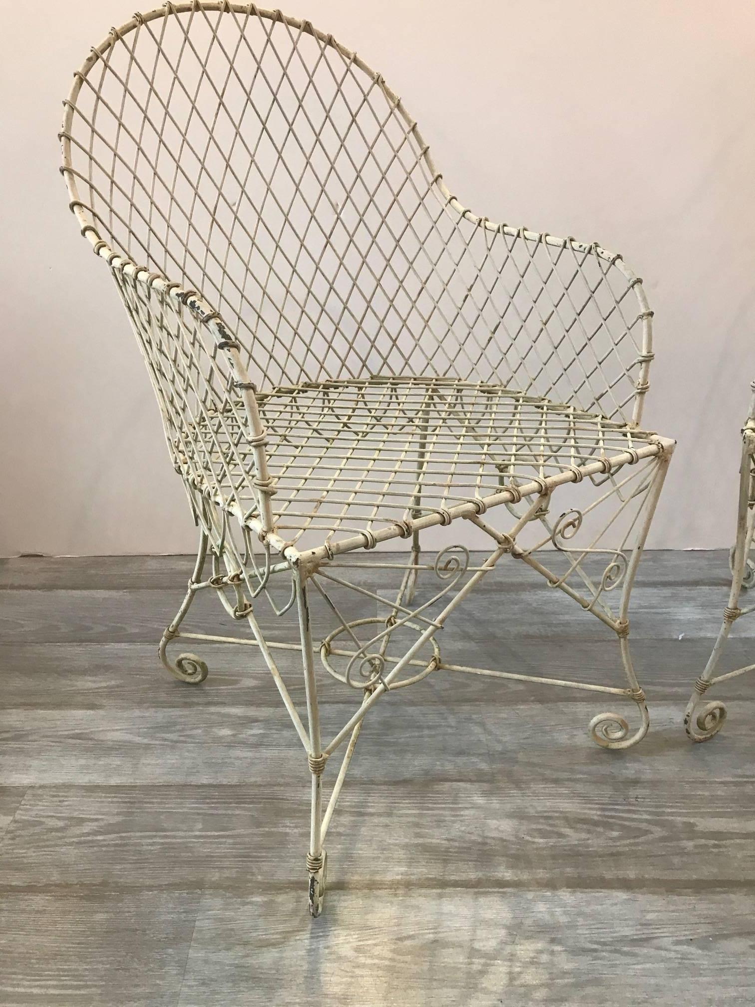 Cold-Painted Pair of French Painted Wire Tub Back Chairs