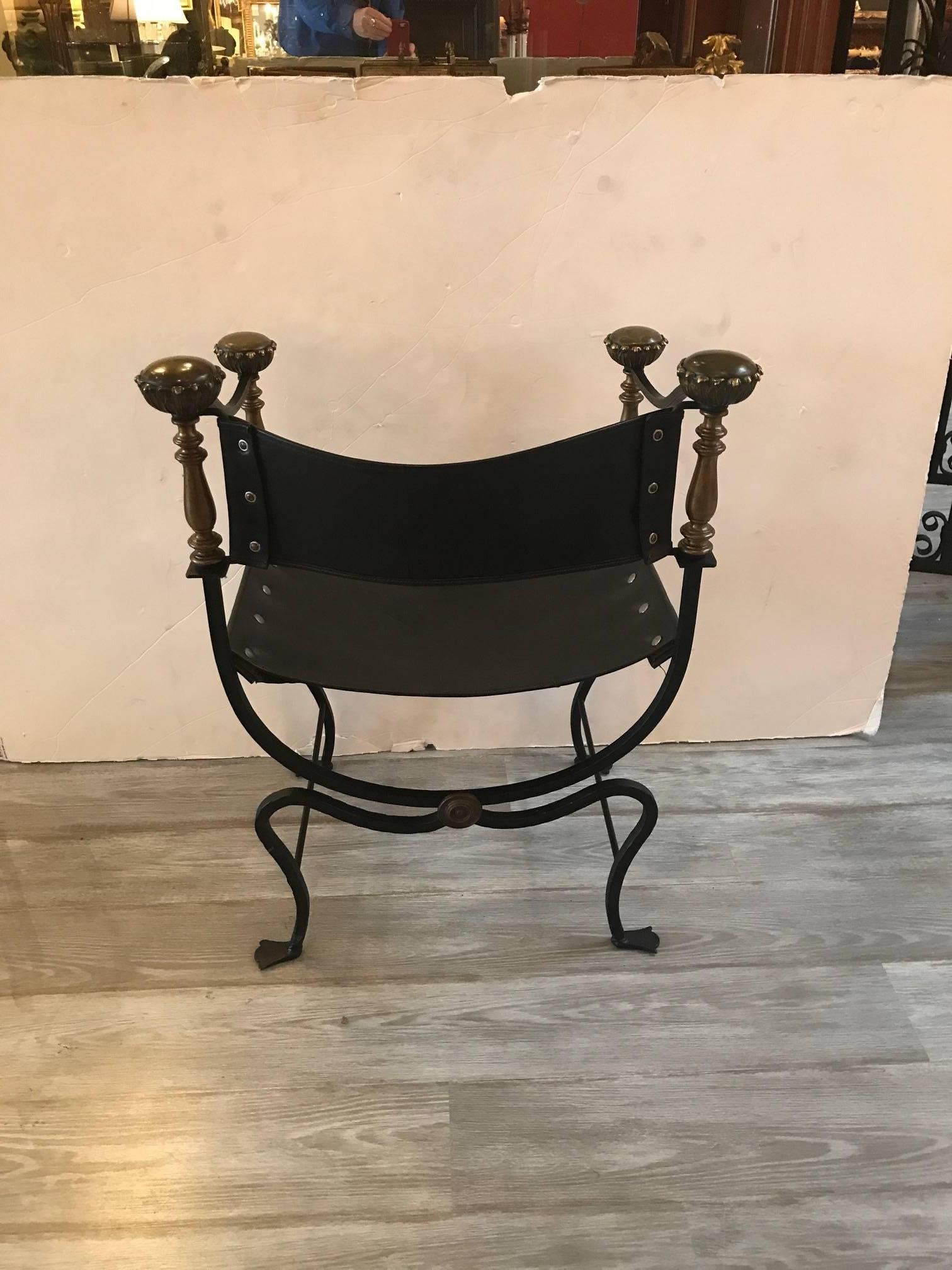 Renaissance Wrought Iron Leather and Brass Italian Savonarola Chair