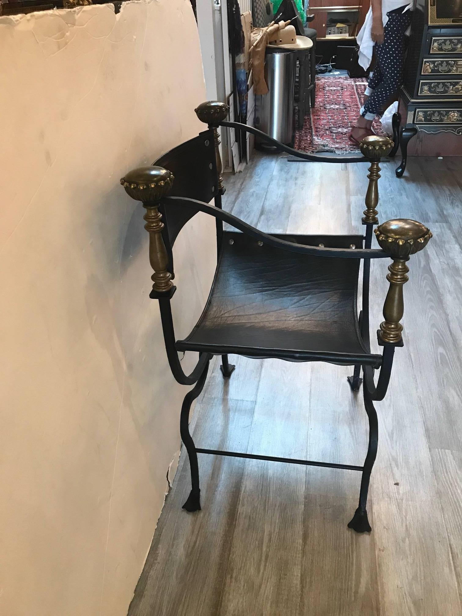 Forged Wrought Iron Leather and Brass Italian Savonarola Chair