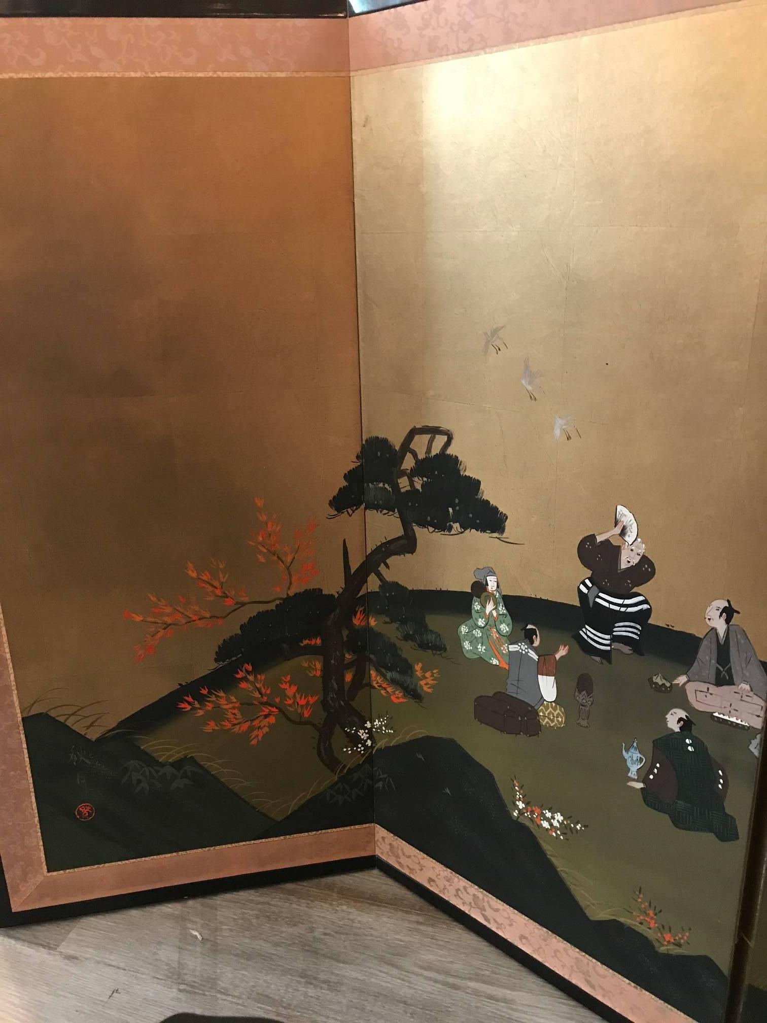 A four-panel hand-painted Japanese Byobu screen with ebonized frame. Each panel is 16.5