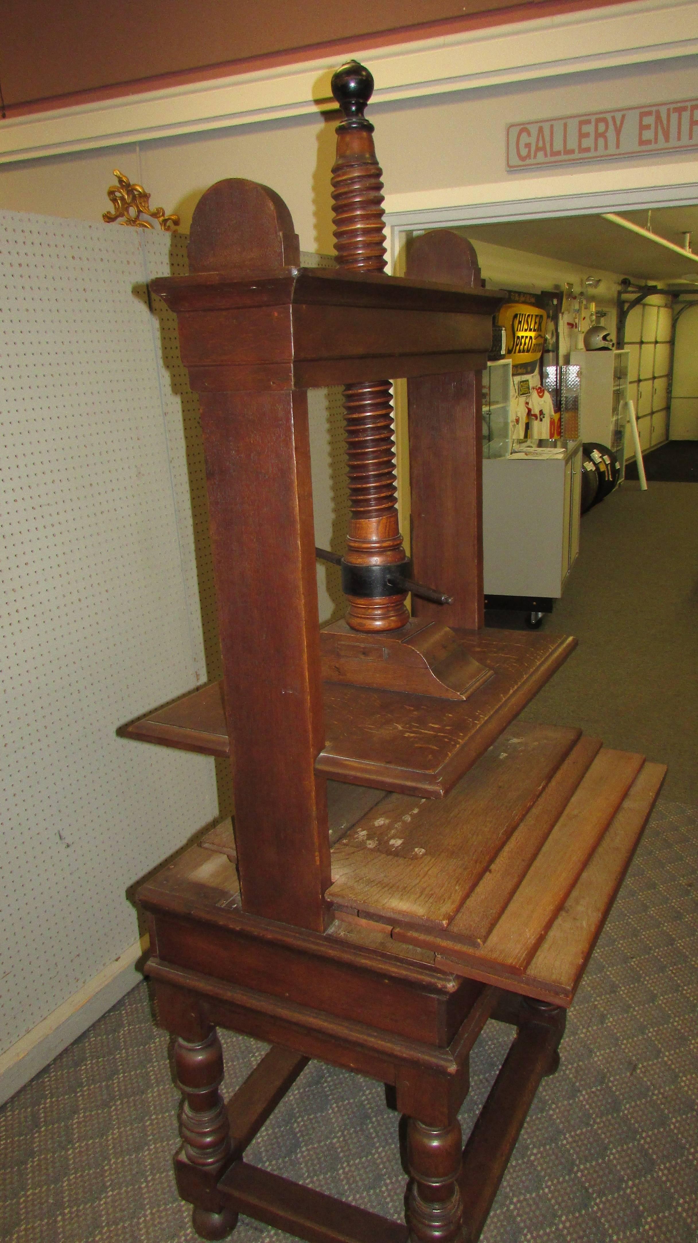 Large Antique Oak and Iron Library Book Press 4