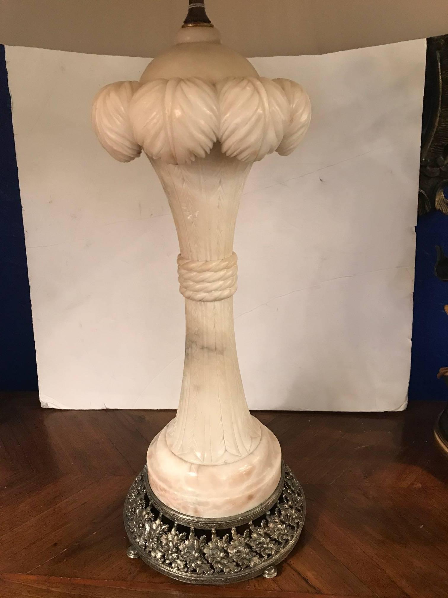 French Art Deco Carved Alabaster Lamp