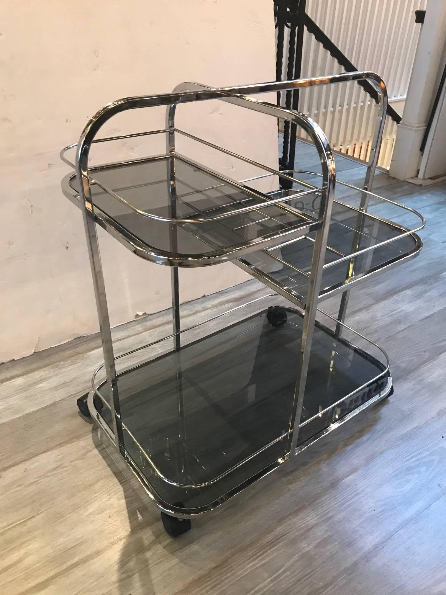 Mid-Century Modern Chrome and Smoked Glass Beverage Cart