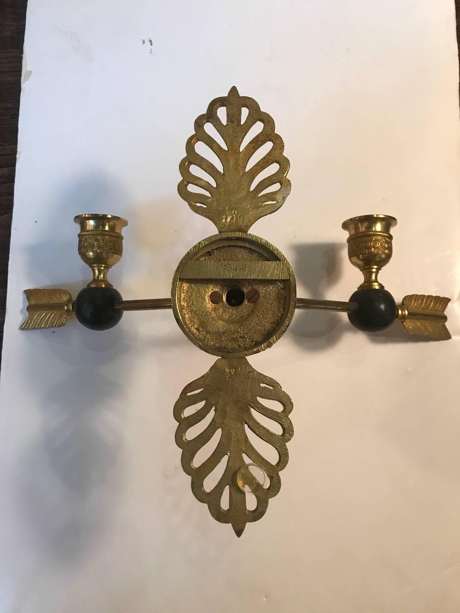 Neoclassical Revival Pair of Gilt and Patinated Bronze Empire Sconces