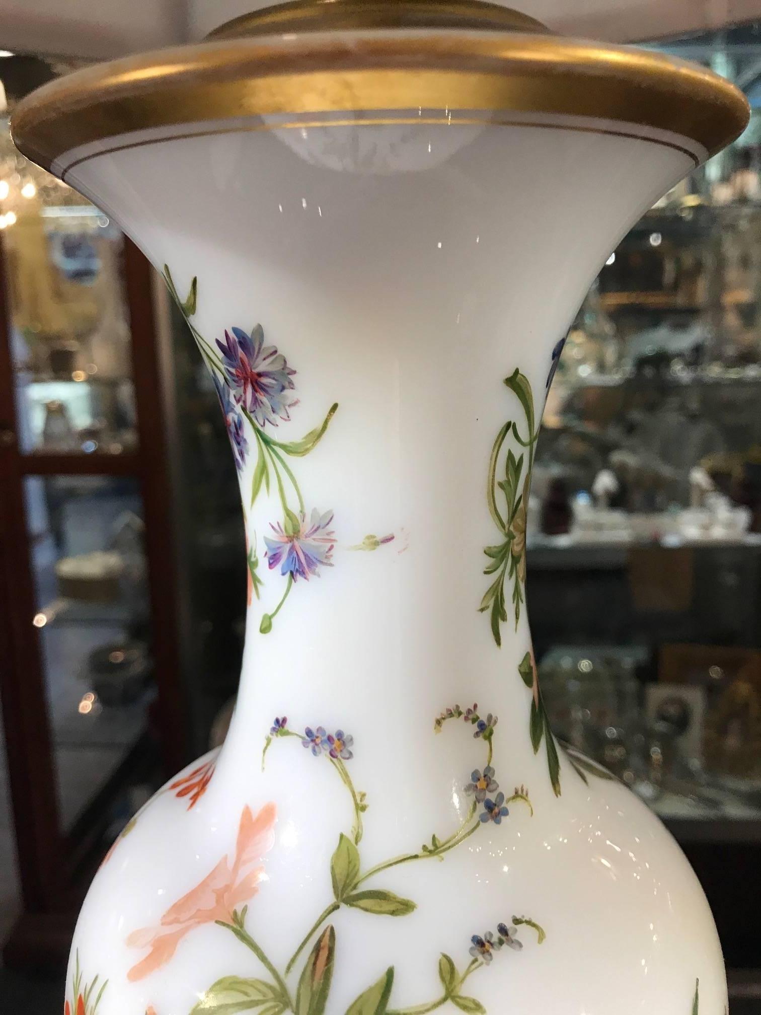 Hand-Painted French Opaline Enamel Painted Vase Lamp by Jean-Francois Robert, Baccarat, 1840