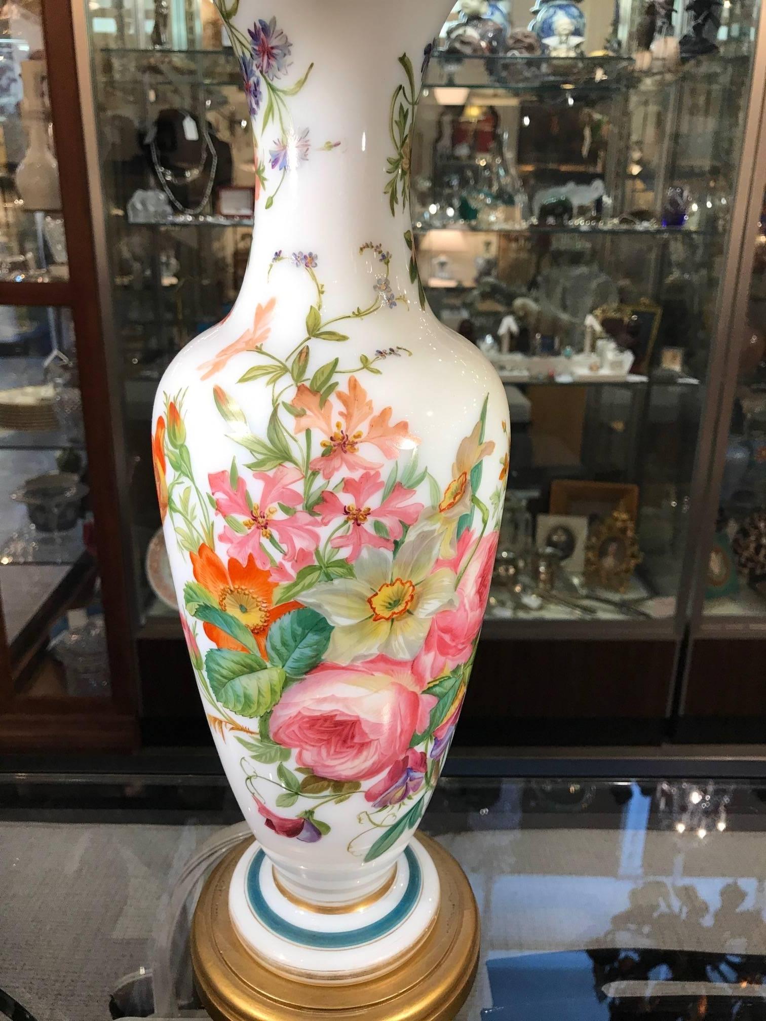 19th Century French Opaline Enamel Painted Vase Lamp by Jean-Francois Robert, Baccarat, 1840