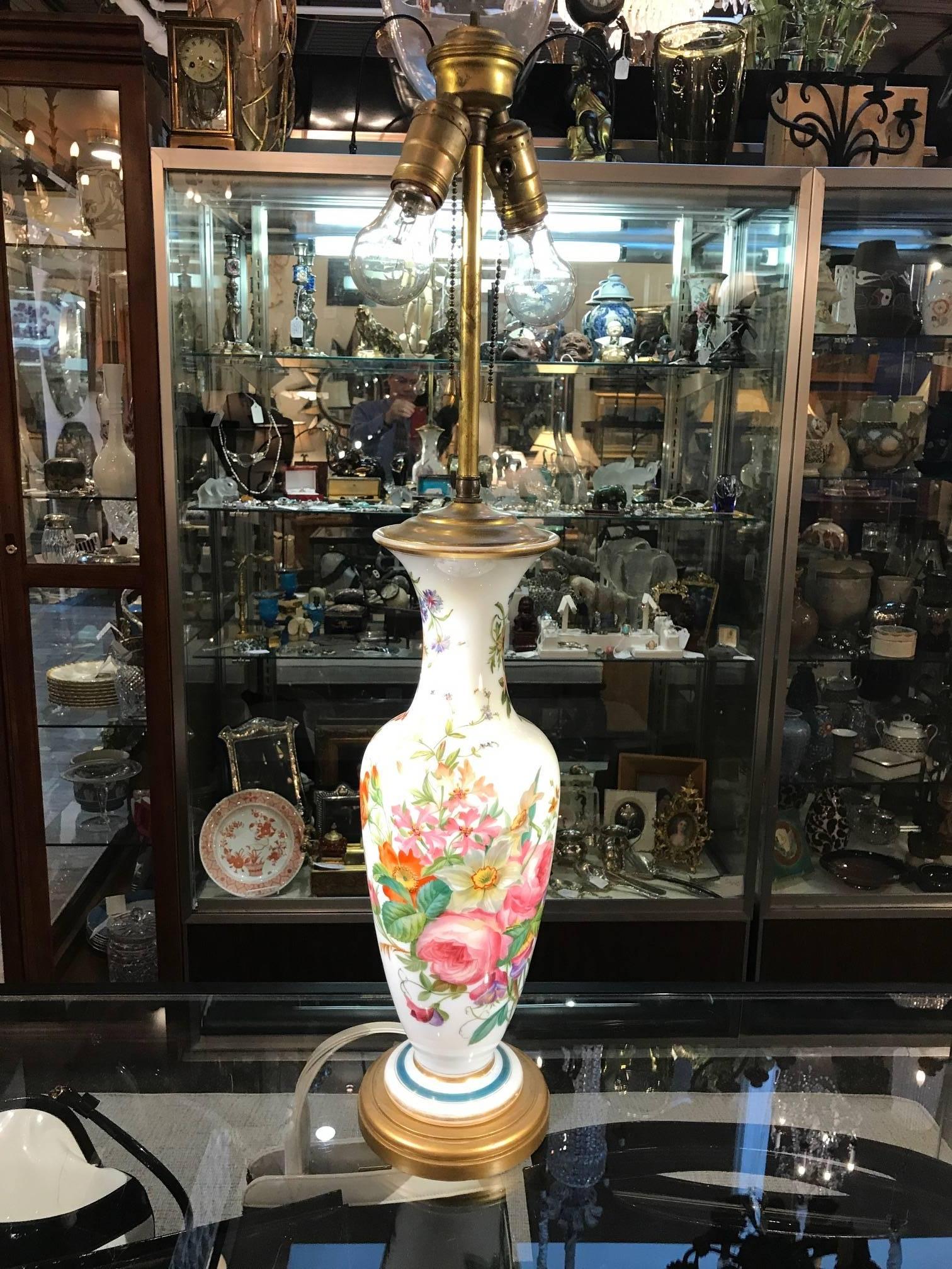 Opaline Glass French Opaline Enamel Painted Vase Lamp by Jean-Francois Robert, Baccarat, 1840