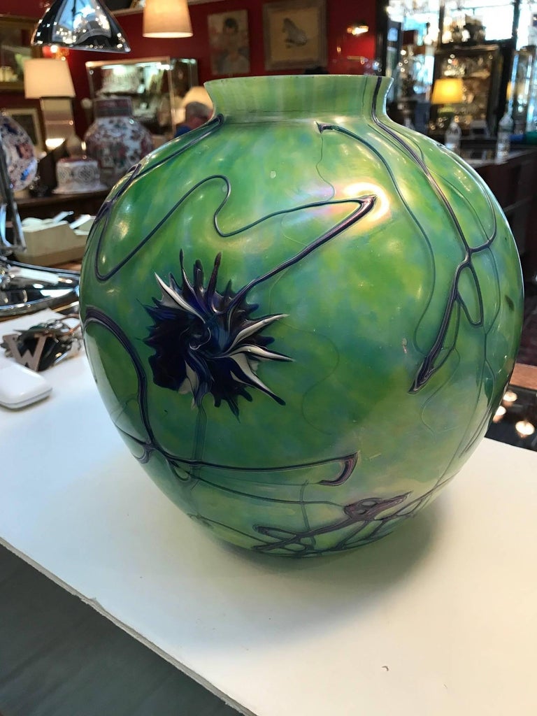 Iridescent Green and Cobalt Blue Art Glass Vase by Pallme Konig For