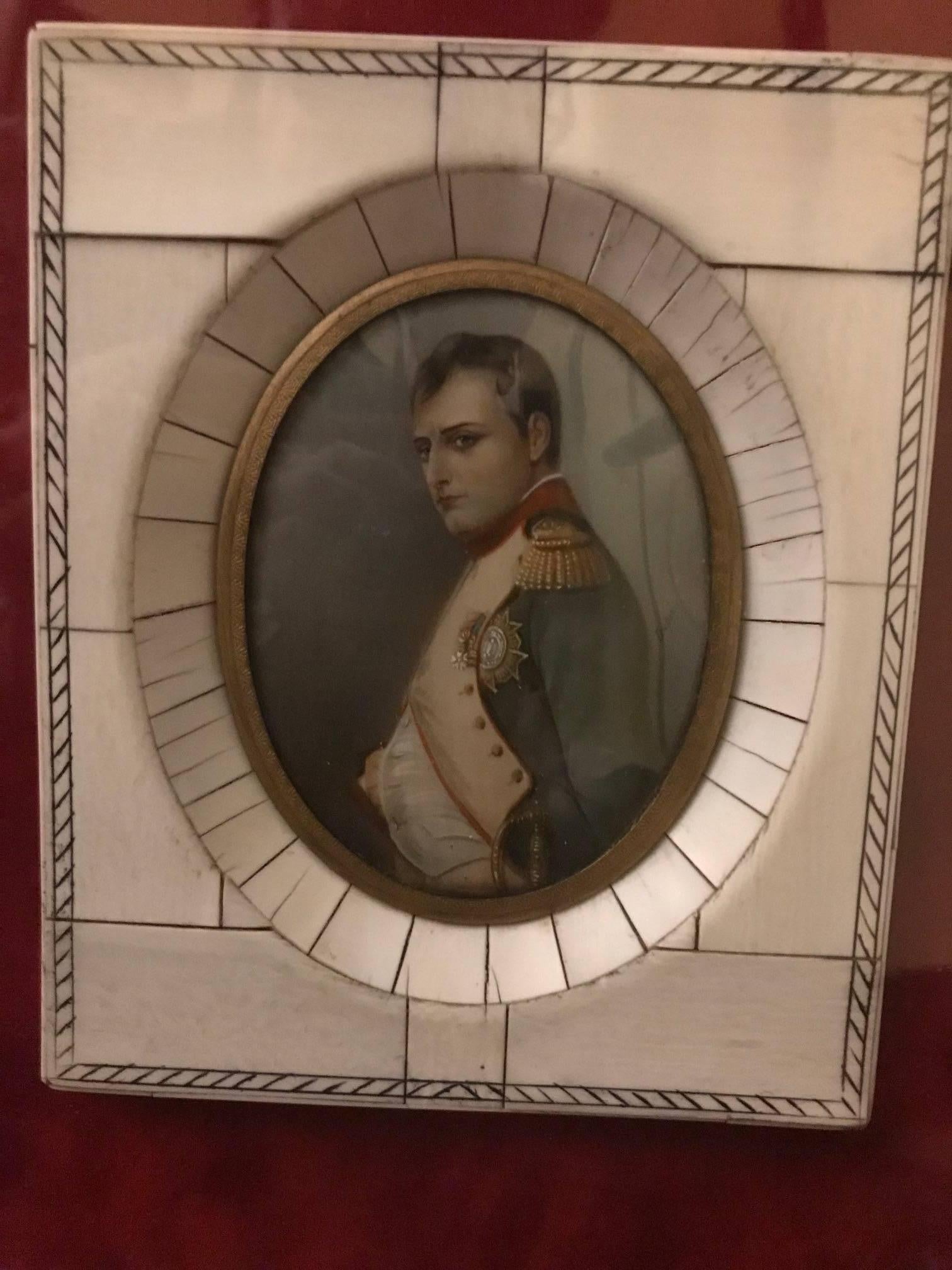 A pair of miniature portraits in original frames matted and framed in a larger museum frame. The portraits of Napoleon and Josephine of exceptional quality, signed by the artist. 
The portraits in the original 19th century frames measure 5.25