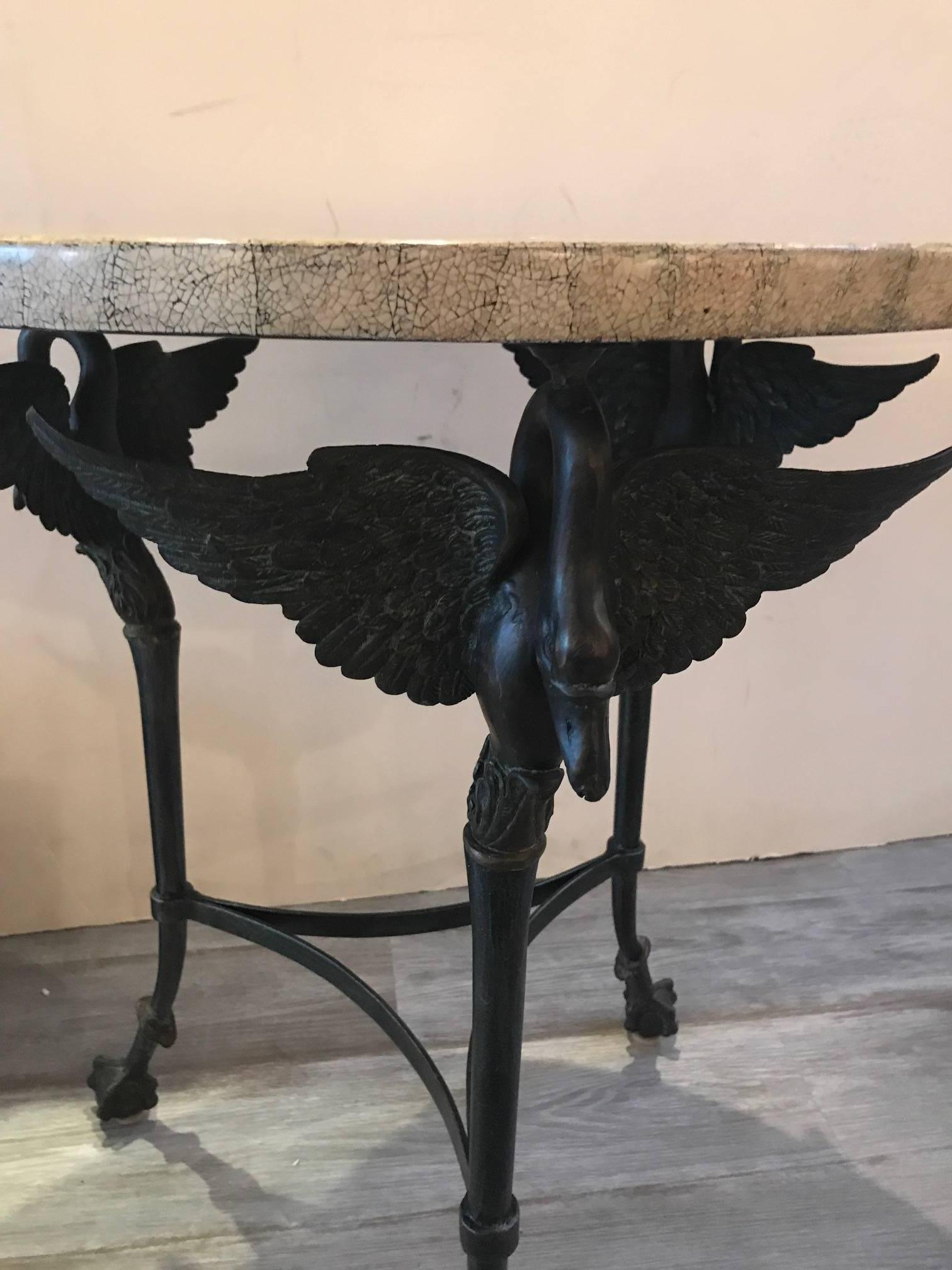 Empire Round Lacquer and Ostrich Mosaic Topped Maitland Smith Swan Table