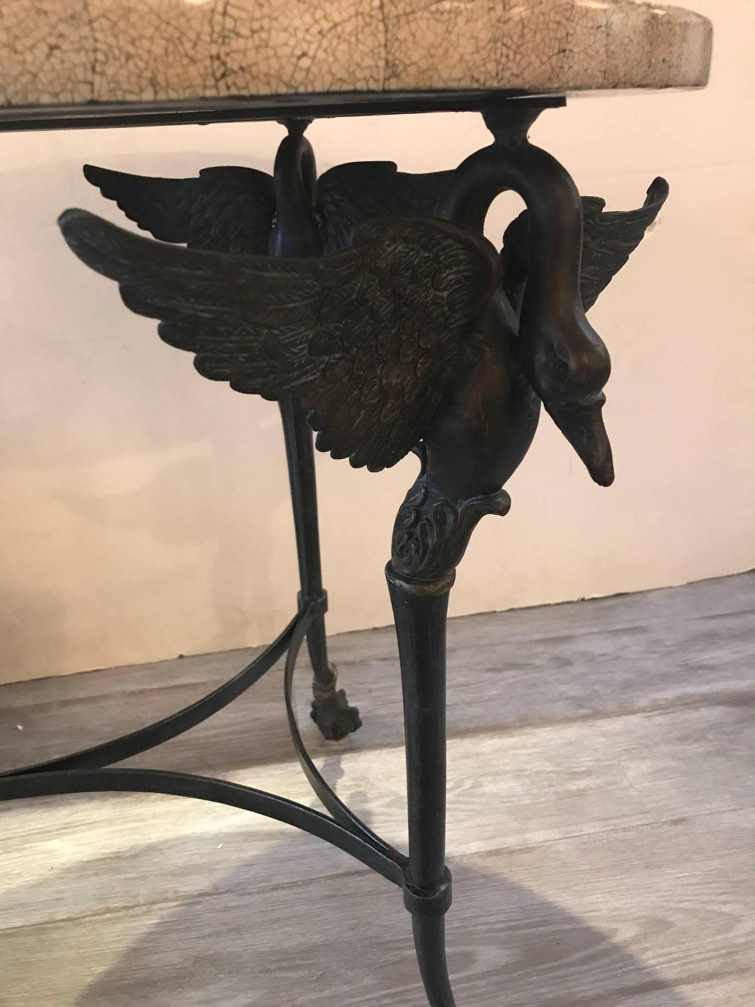 Indonesian Round Lacquer and Ostrich Mosaic Topped Maitland Smith Swan Table