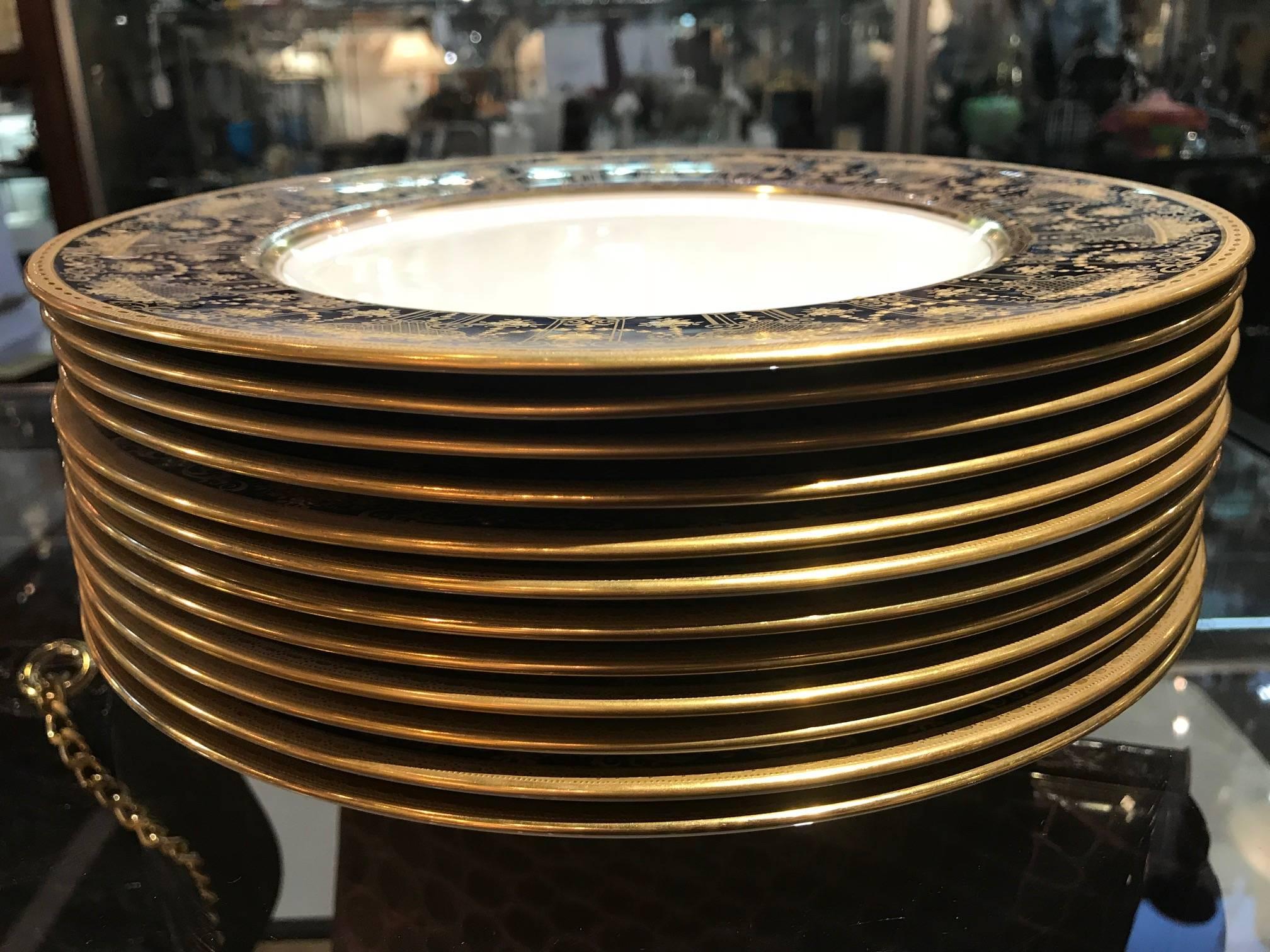 Early 20th Century Set of 12 Luxurious Raised Gilt and Cobalt Service Plates, circa 1910