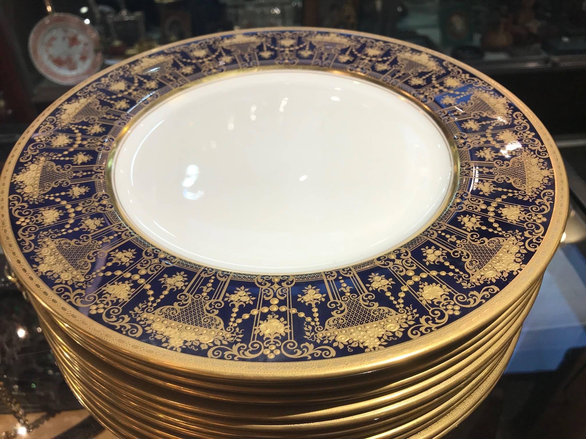 Set of 12 Luxurious Raised Gilt and Cobalt Service Plates, circa 1910 In Excellent Condition In Lambertville, NJ