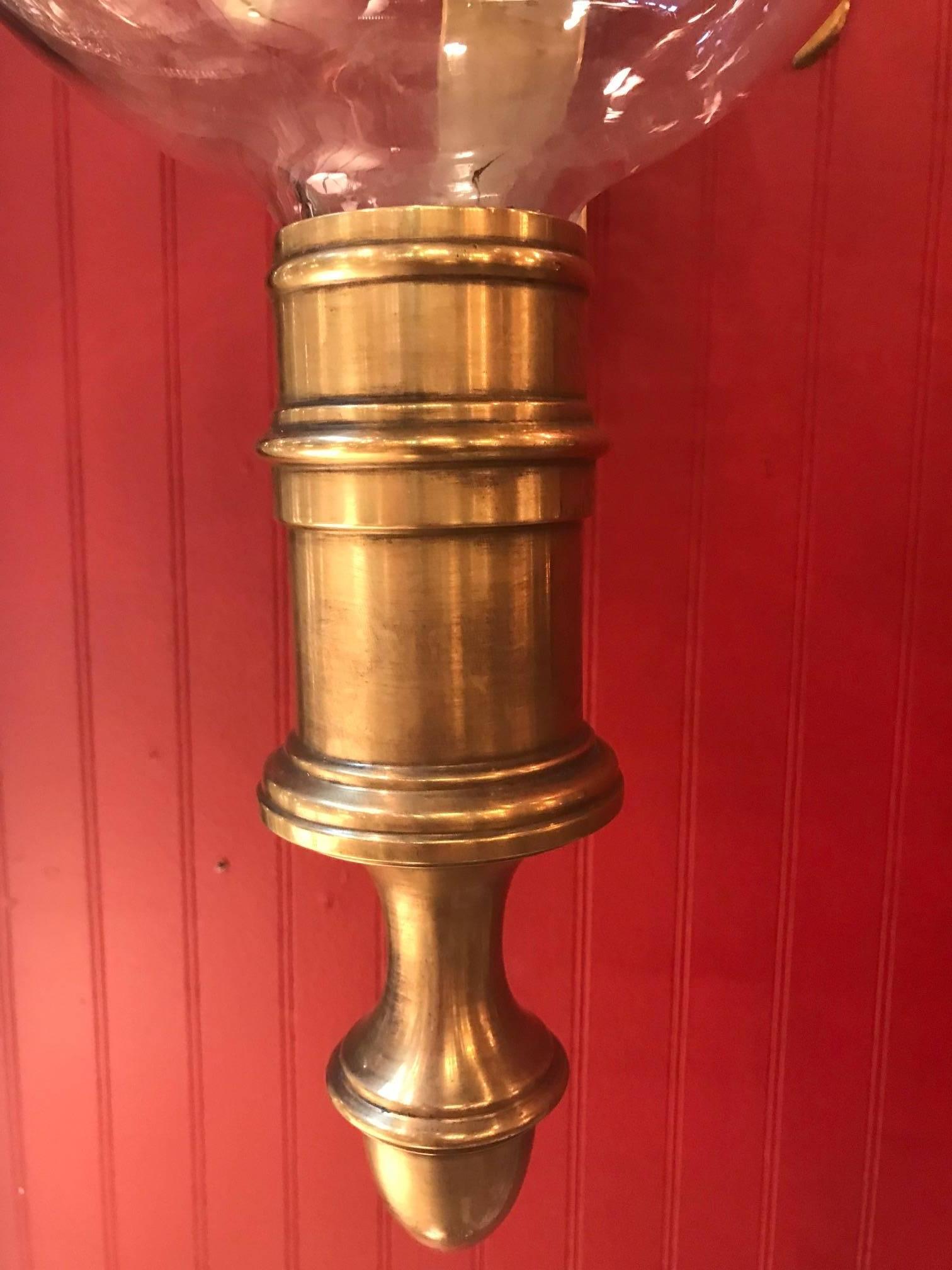 Pair of Antiqued Brass and Blown Glass Candle Sconces In Excellent Condition In Lambertville, NJ