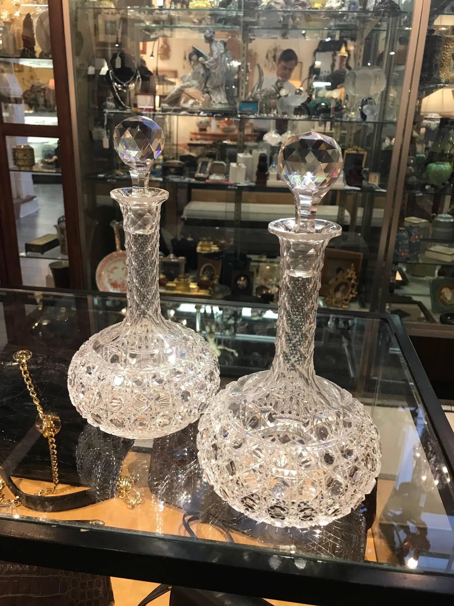 American Pair of Late 19th Century Hand-Cut Glass Wine Claret Decanters