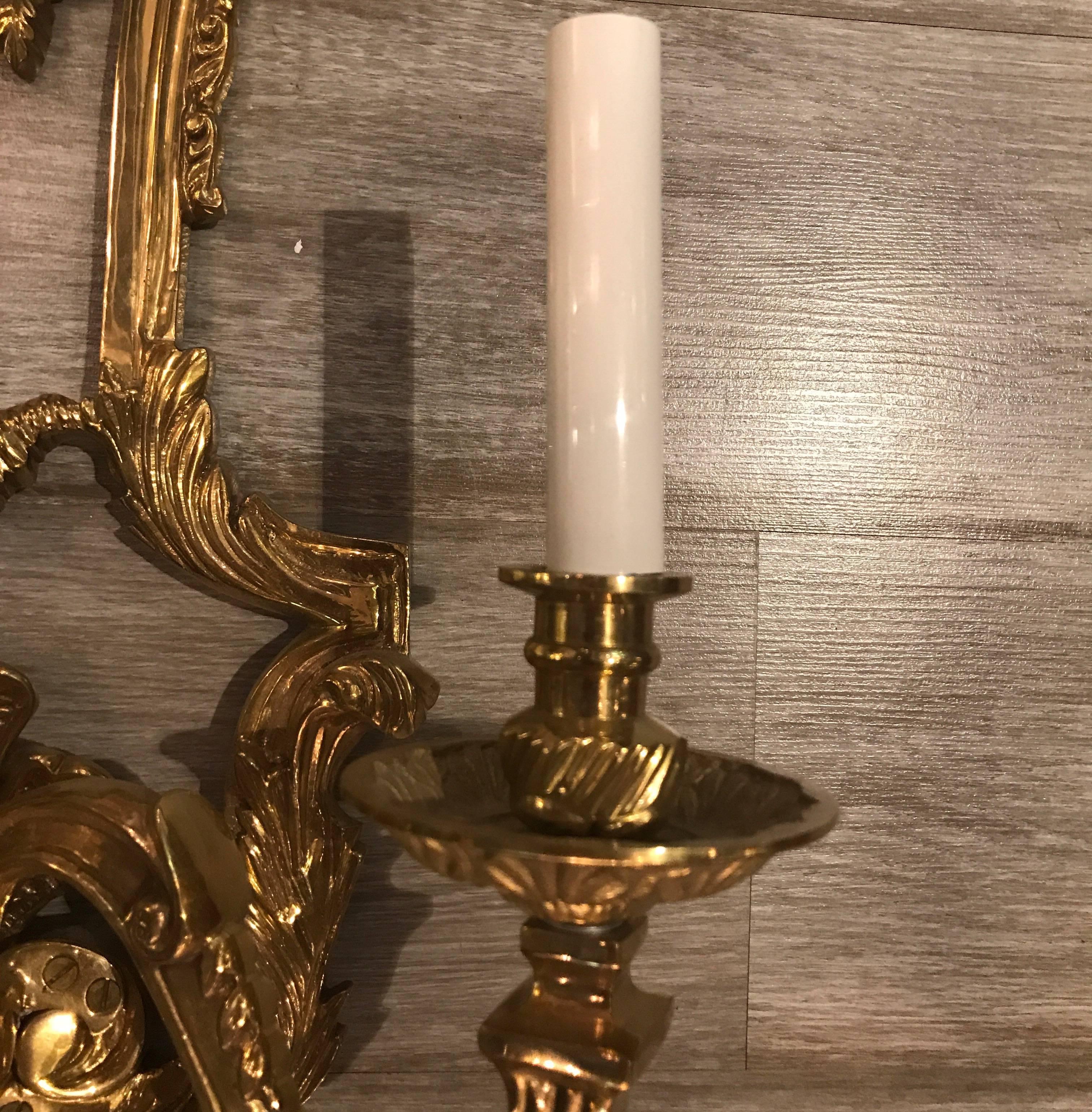 Large Pair of Cast Brass Three-Light Sconces In Excellent Condition In Lambertville, NJ