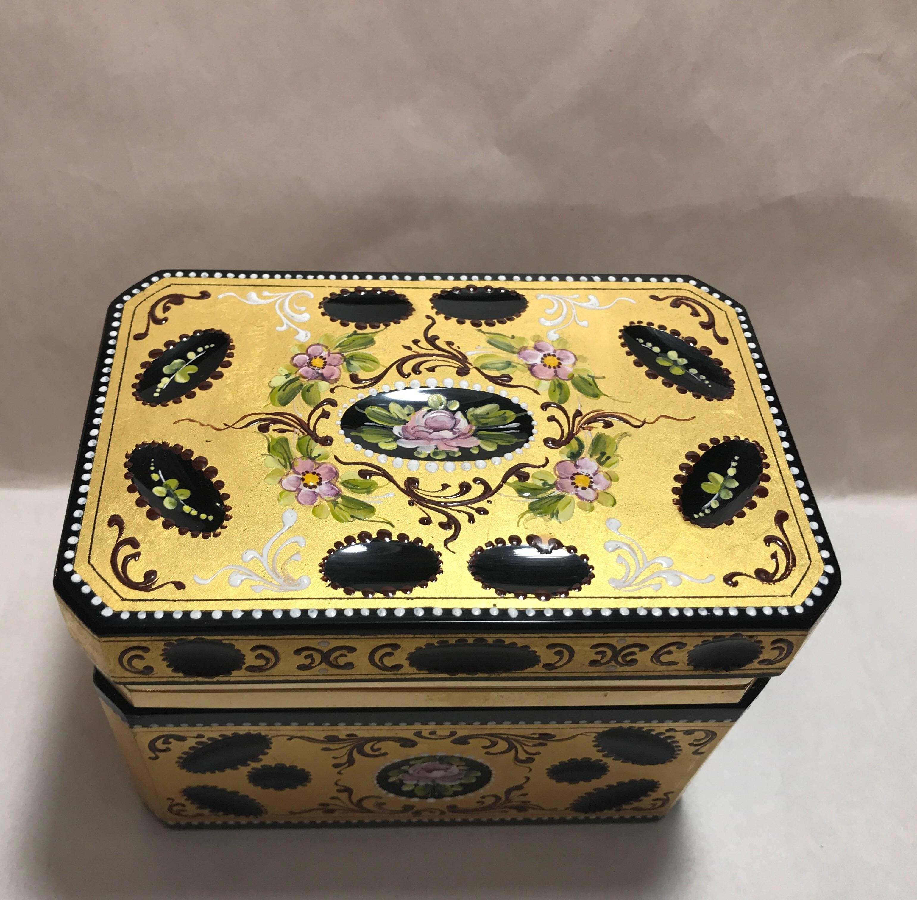 Czech Antique 19th Century Gold Encrusted and Hand Enameled Hinged Glass Table Box
