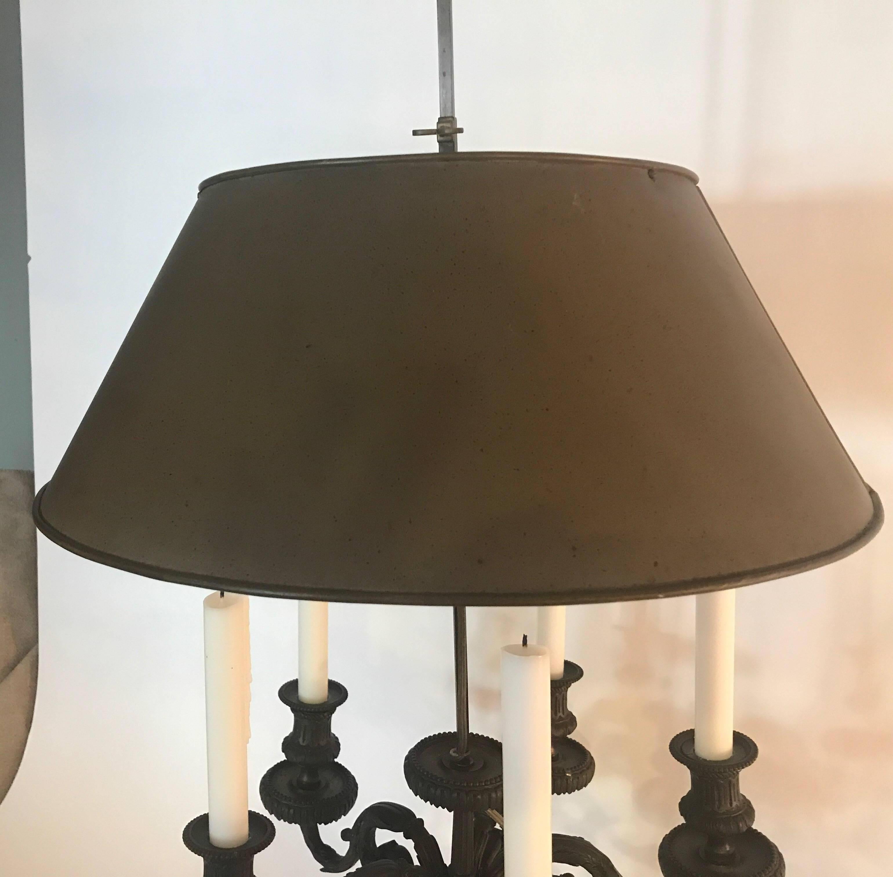Cast Patinated Bronze Candelabra Lamp with Tole Shade In Excellent Condition In Lambertville, NJ