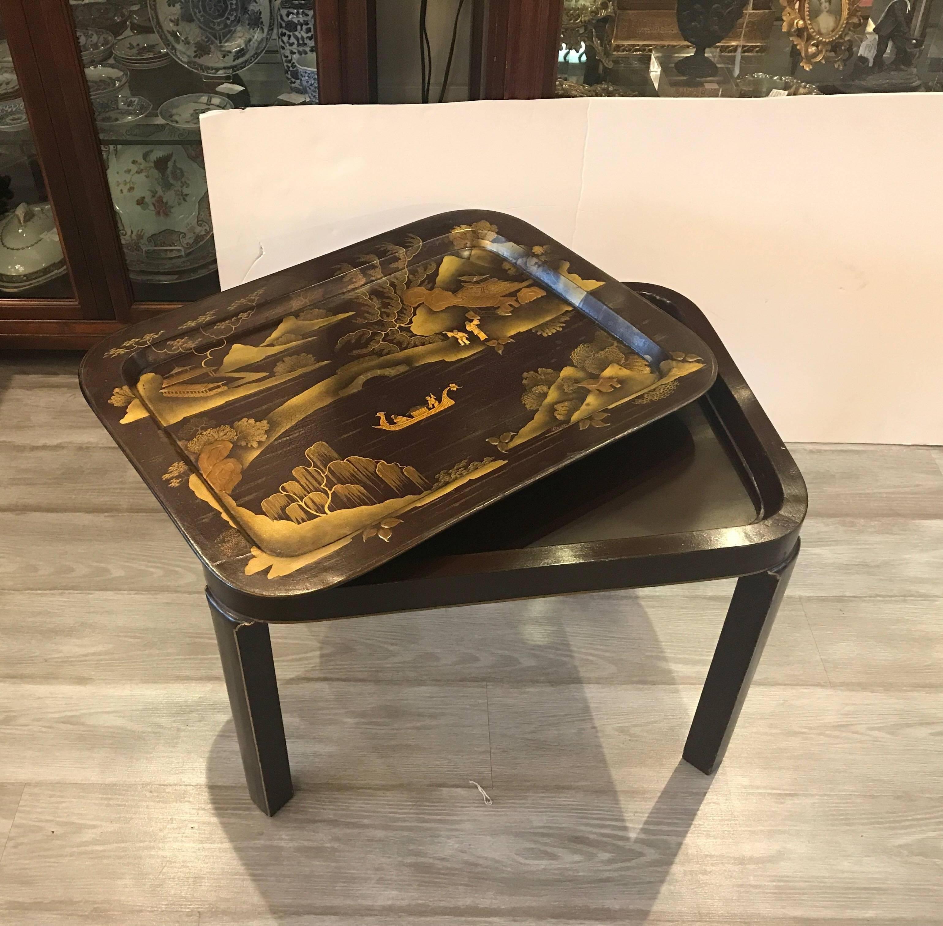 Mid-20th Century Lacquer Tray Top Chinoiserie Drinks Cocktail Table