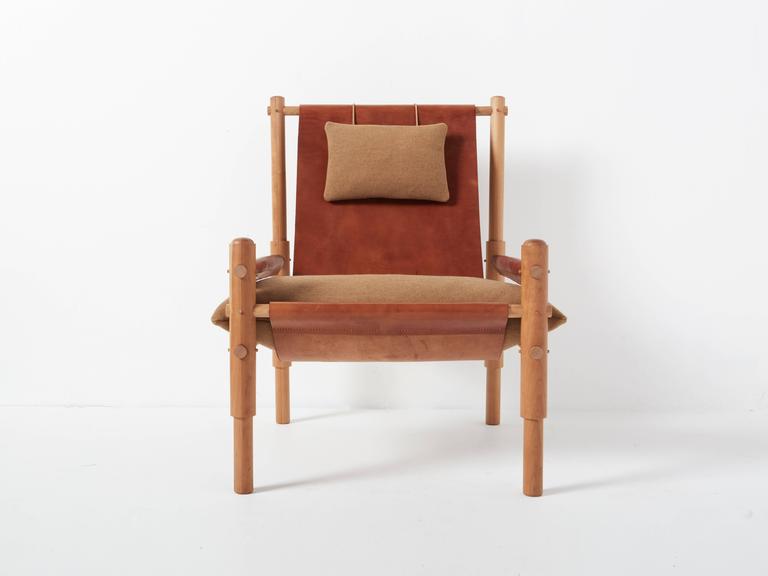 Workstead Sling Chair Two In Cherry Turned Wooden Legs And Brown The Sling Chair Two Is An Elemental Take On Campaign Style Furniture With A