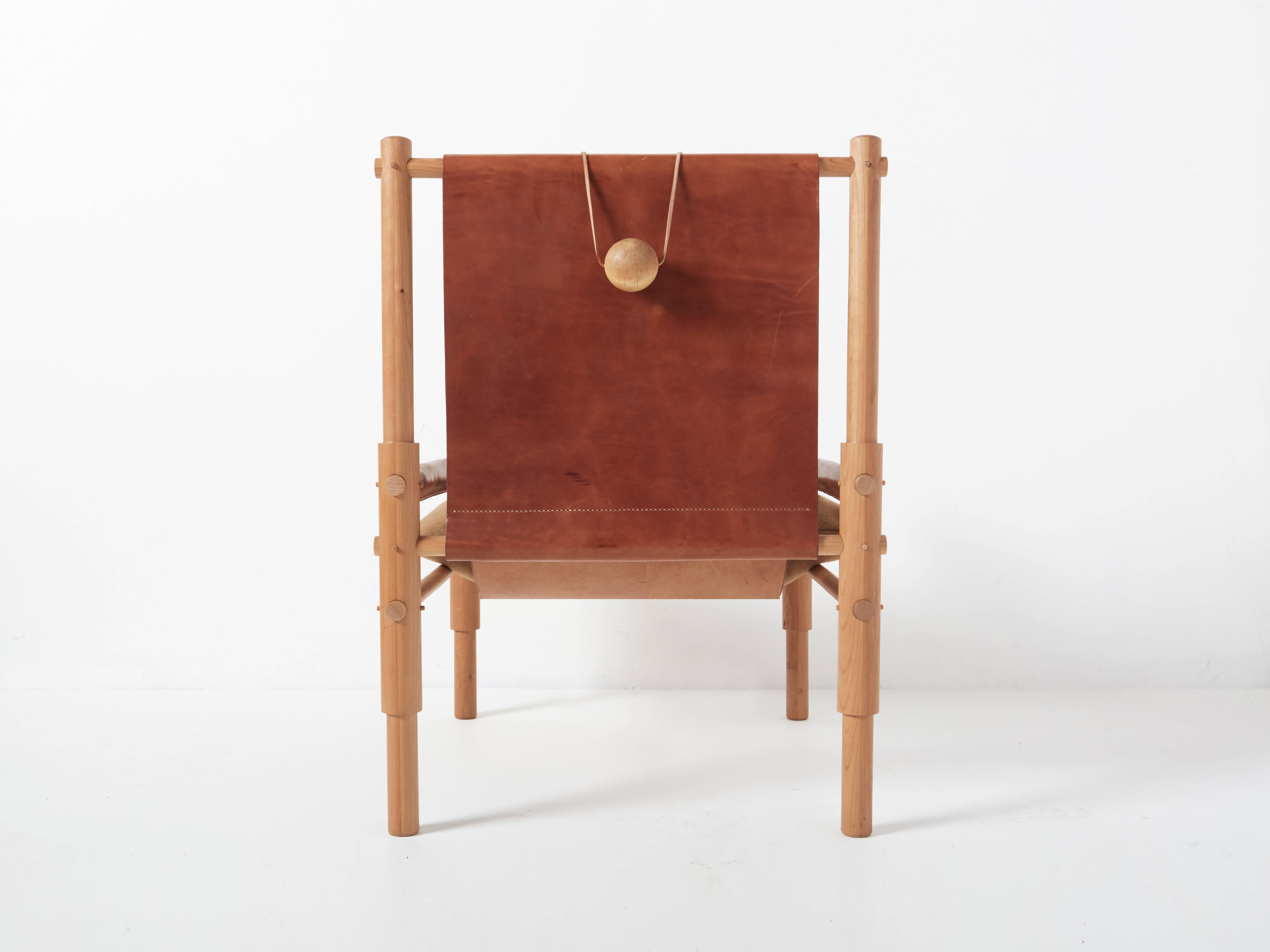 Modern Workstead Sling Chair Two in Cherry, Turned Wooden Legs and Brown Leather Sling