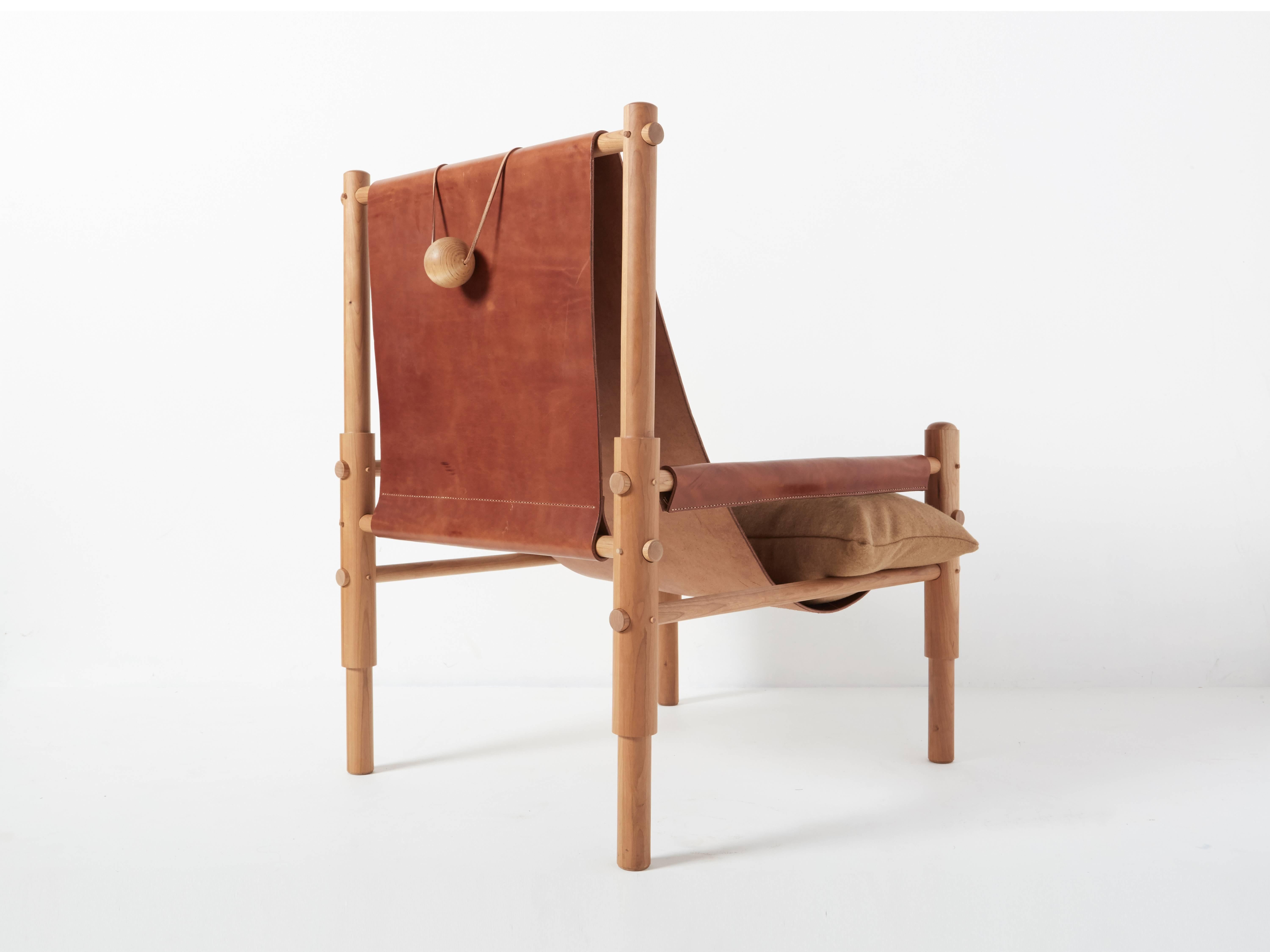 American Workstead Sling Chair Two in Cherry, Turned Wooden Legs and Brown Leather Sling