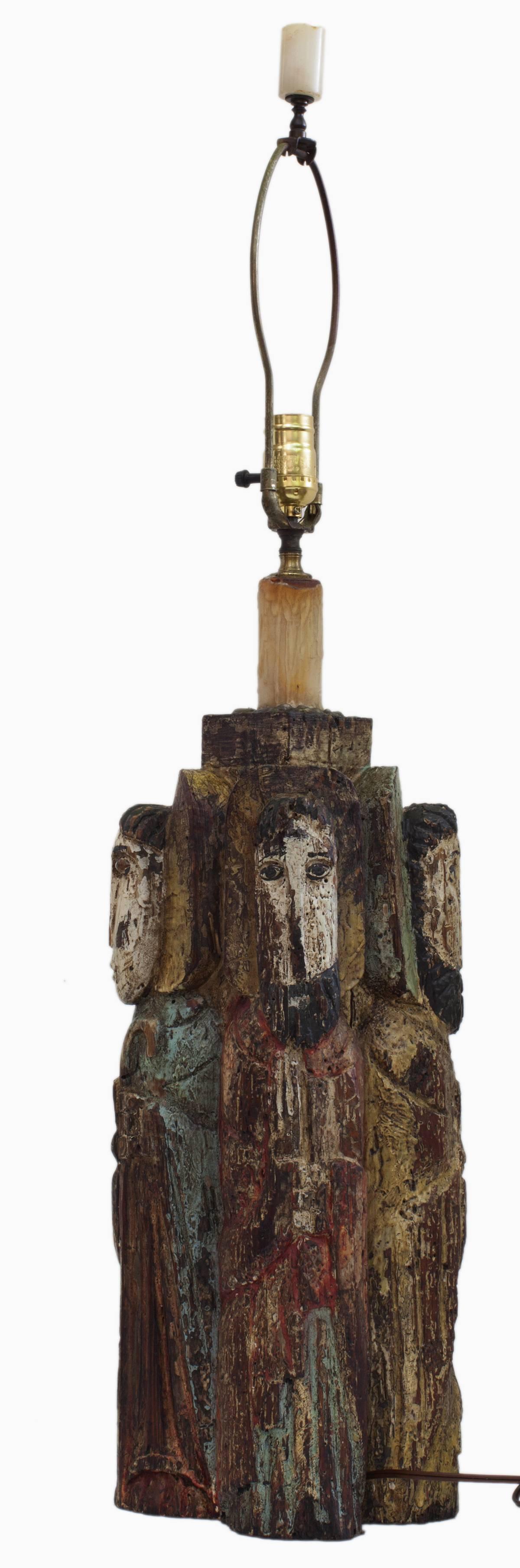 Polychrome Spanish Colonial Style Carved Wood Figural Lamp of Four Saints For Sale 3