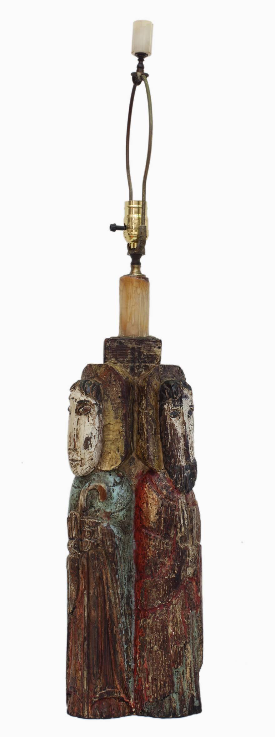 Polychrome Spanish Colonial Style Carved Wood Figural Lamp of Four Saints For Sale 4