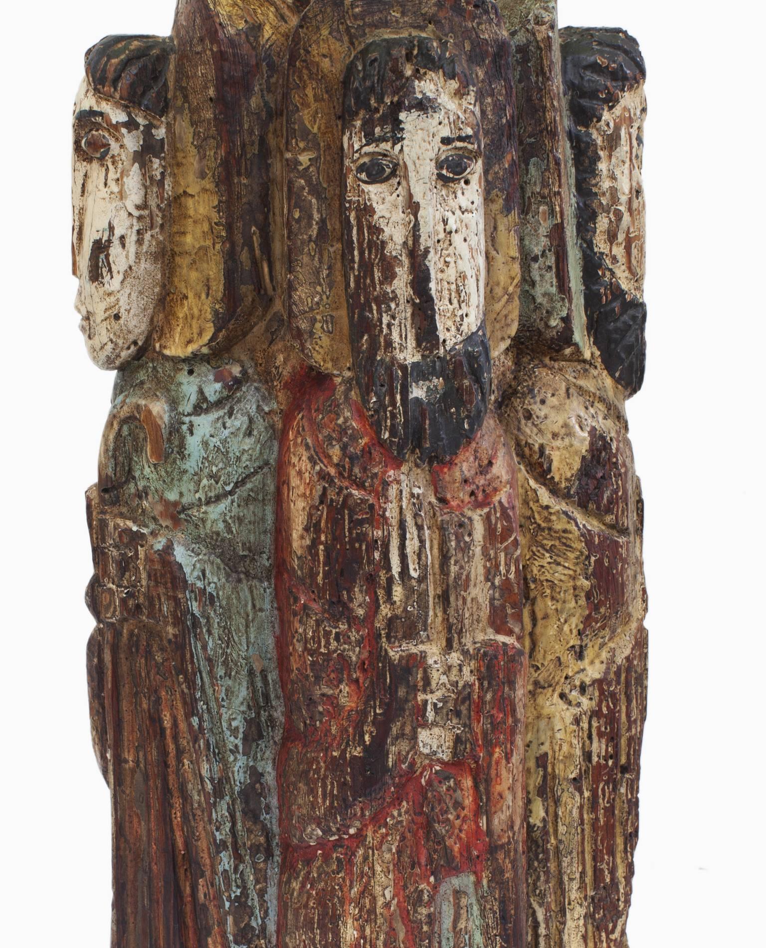 Polychrome Spanish Colonial Style Carved Wood Figural Lamp of Four Saints For Sale 2