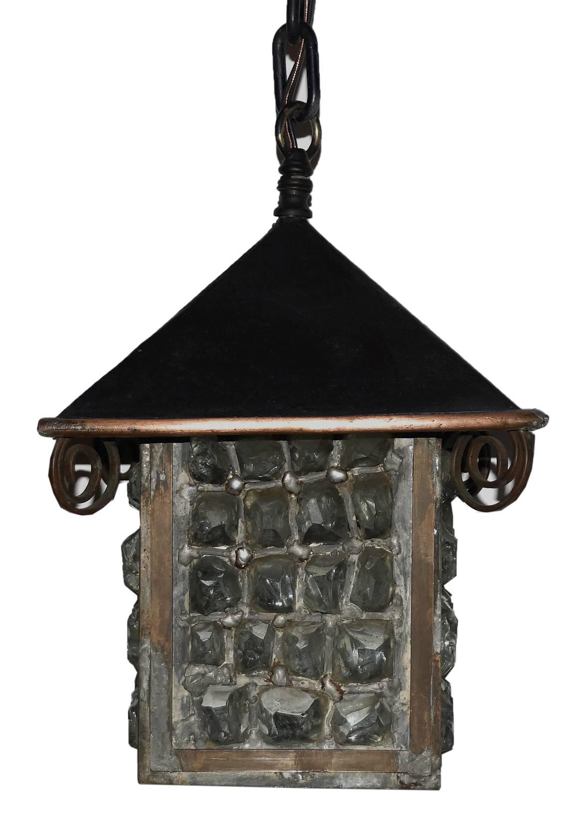 American Arts and Crafts Rock Glass Lantern For Sale